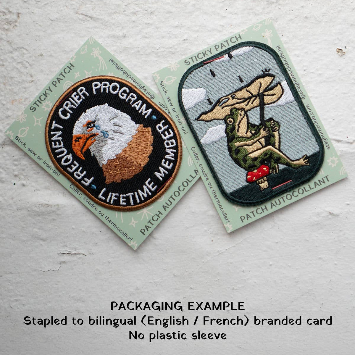 Two patches on a textured white surface with text about packaging example.