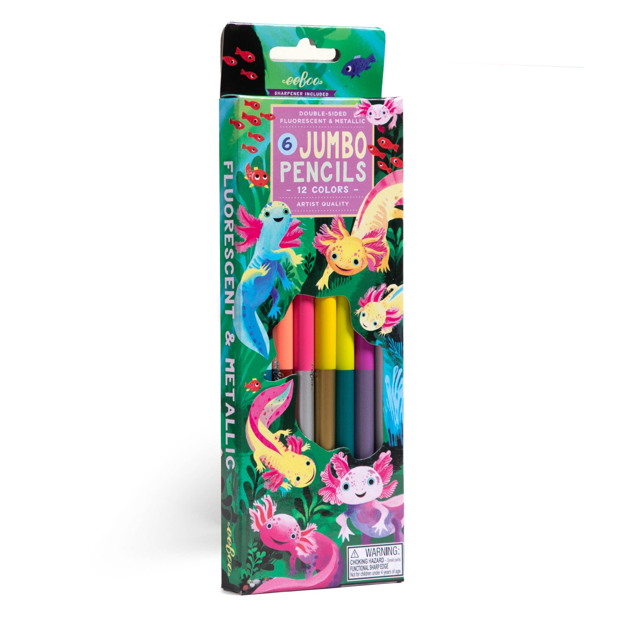 Pack of jumbo pencils with colorful packaging featuring axolotl illustrations on a white background.