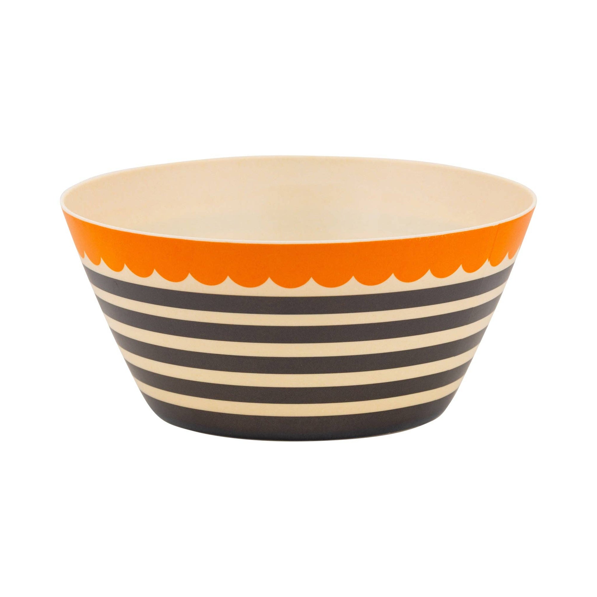 Bowl with orange rim and black and white striped body on a white background