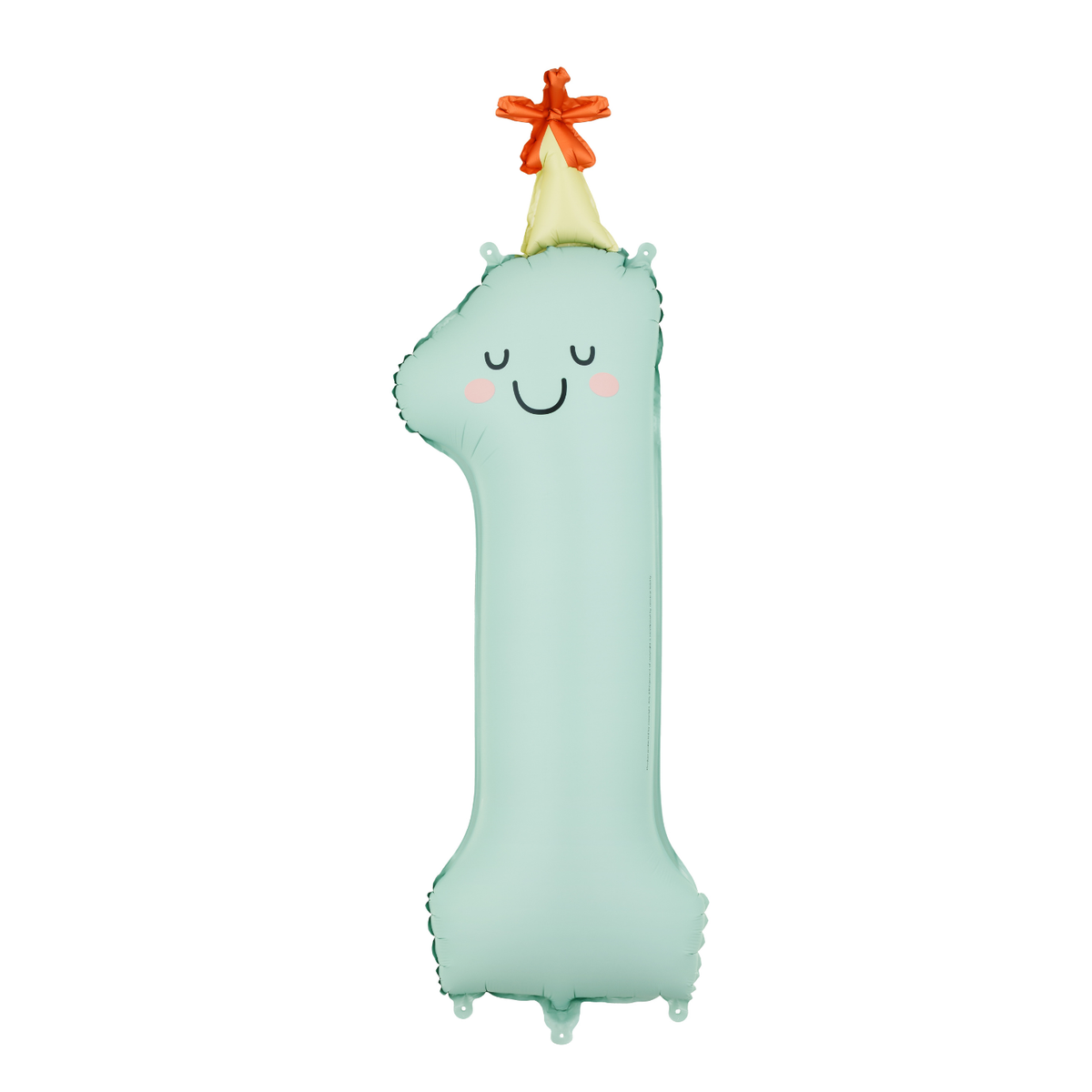 Mint green balloon shaped like a number '1' with a party hat on a white background