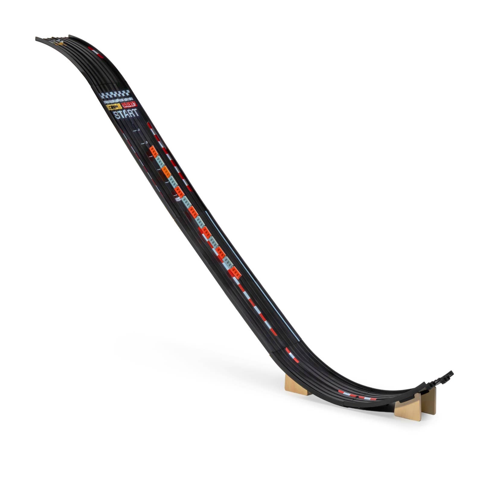 Toy race track with a curved section on a white background