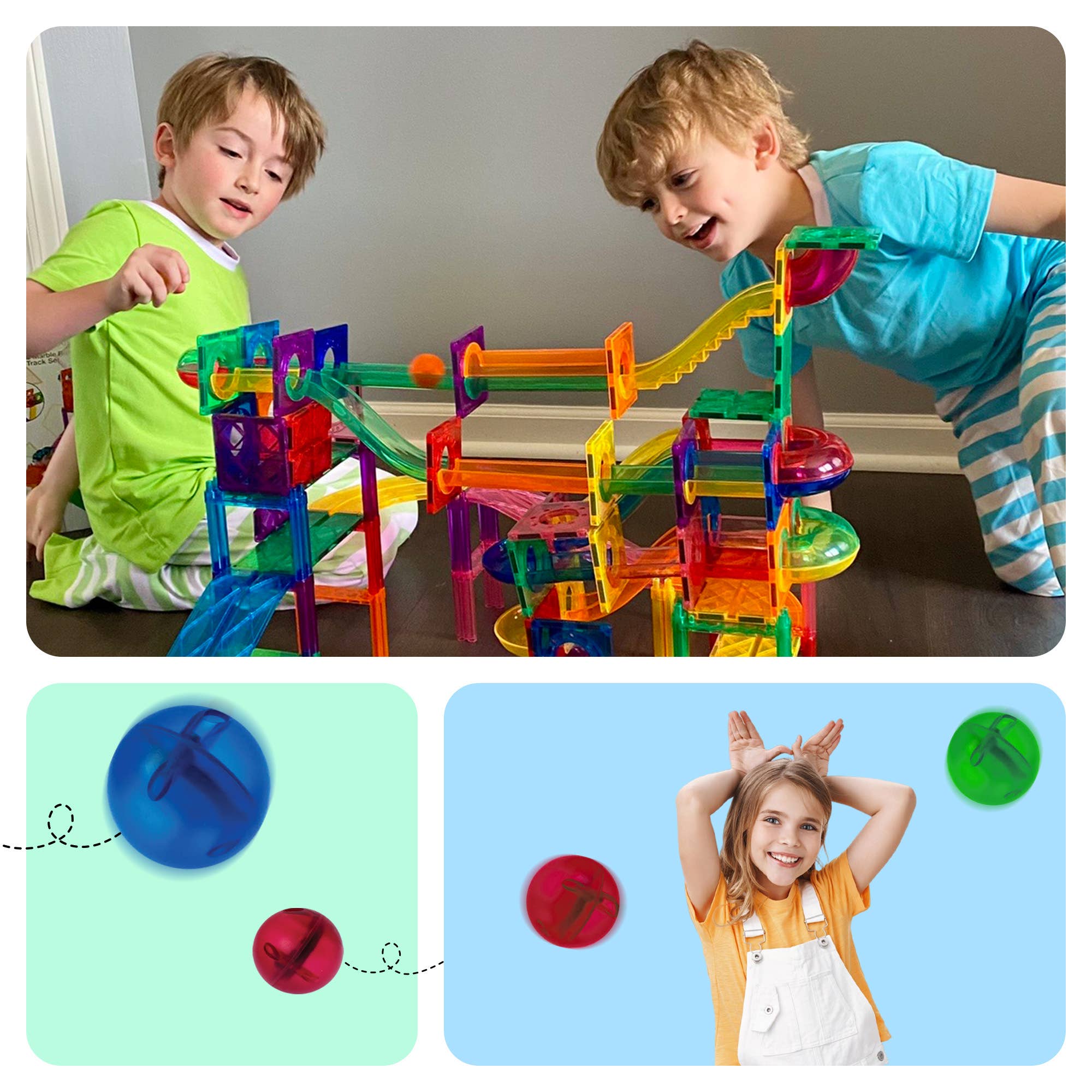 Two children playing with a colorful marble run toy set, with close-up shots of marbles and a child smiling.