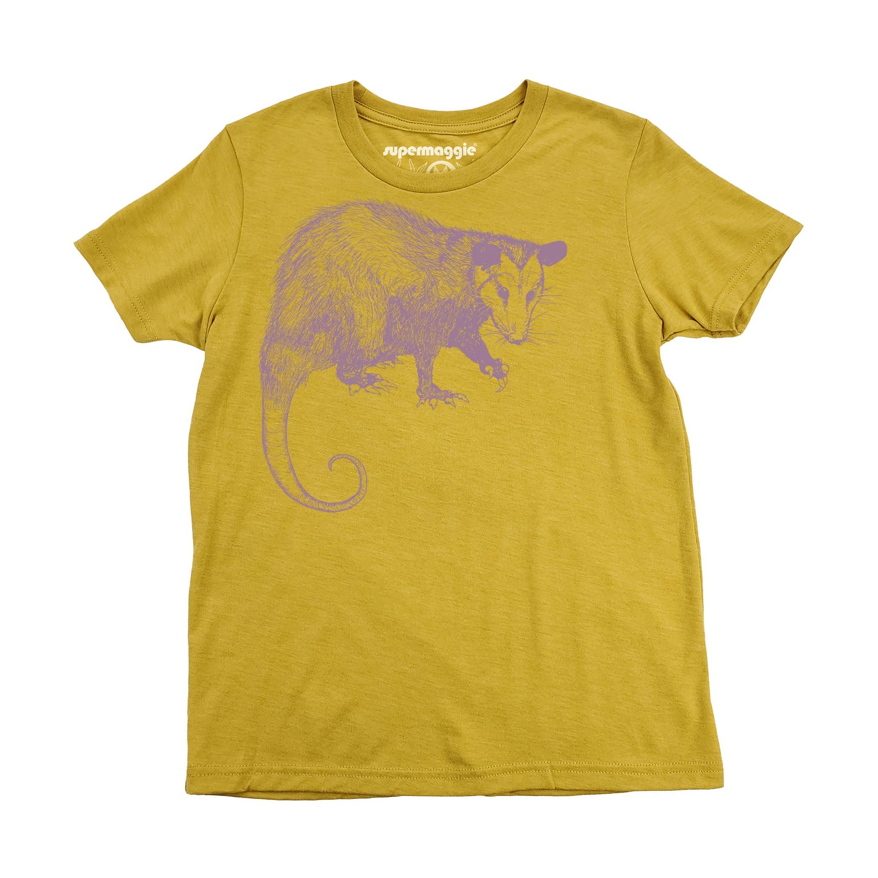 Yellow t-shirt with a purple opossum graphic on a white background