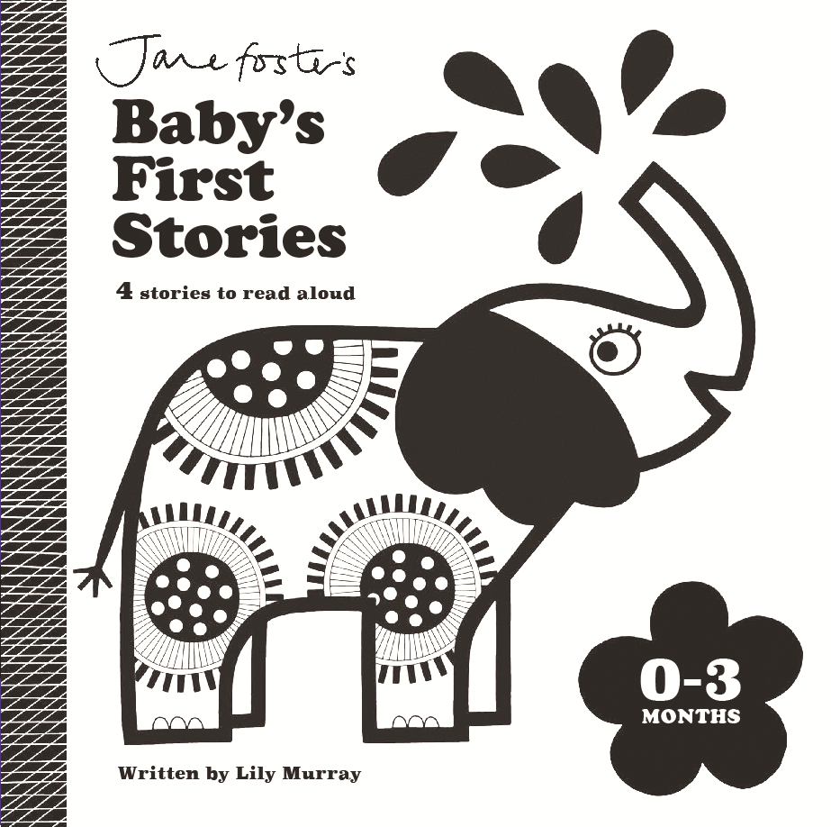 Book cover of 'Baby's First Stories' with an elephant illustration and text about stories for newborns.