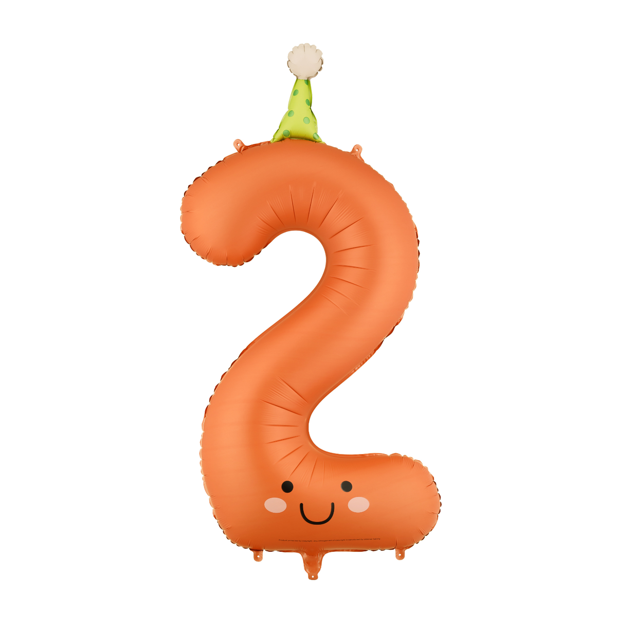 Orange balloon shaped like the number 2 with a face and party hat on a white background