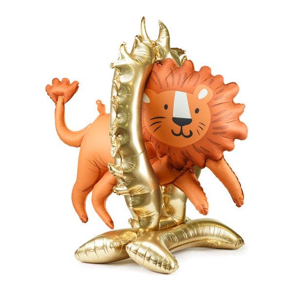Inflatable gold dinosaur and lion toy on a white background