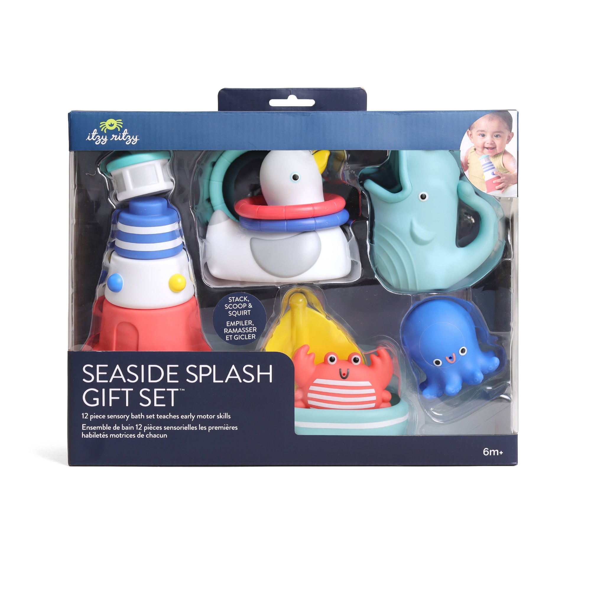 Packaged Seaside Splash gift set with bath toys on a white background