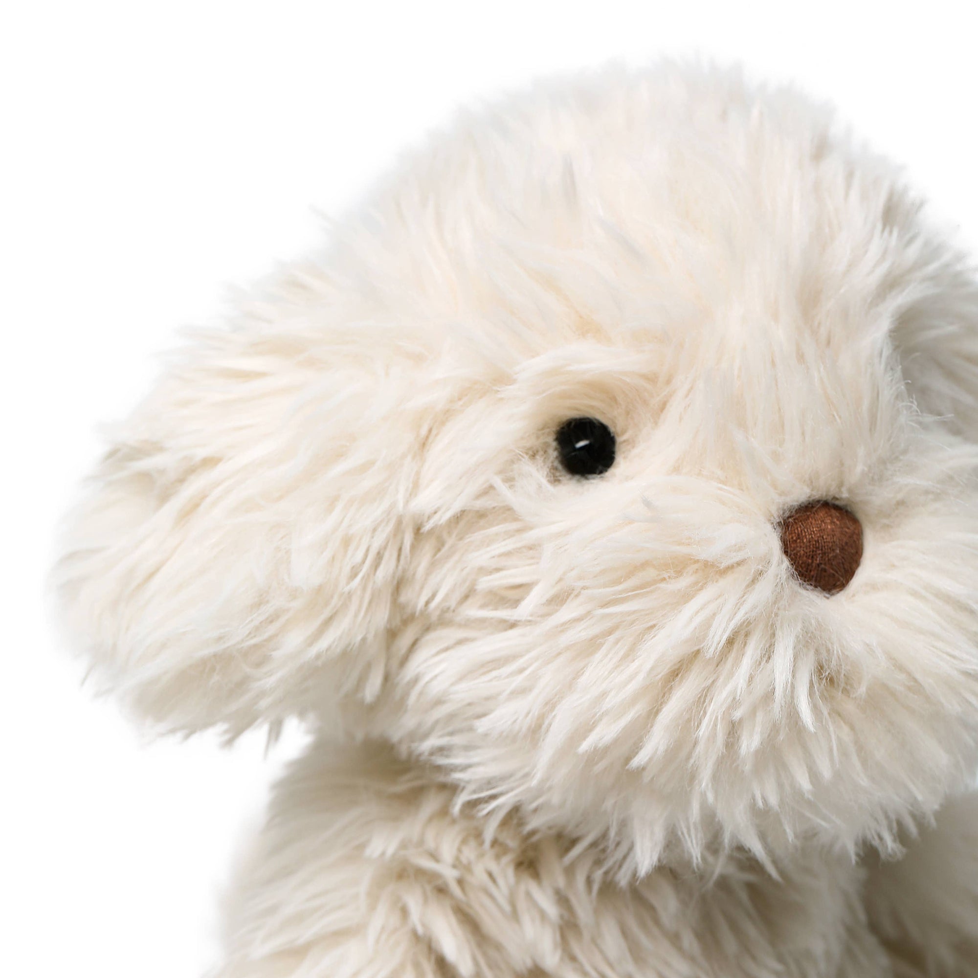 Close-up of a fluffy white plush toy on a white background