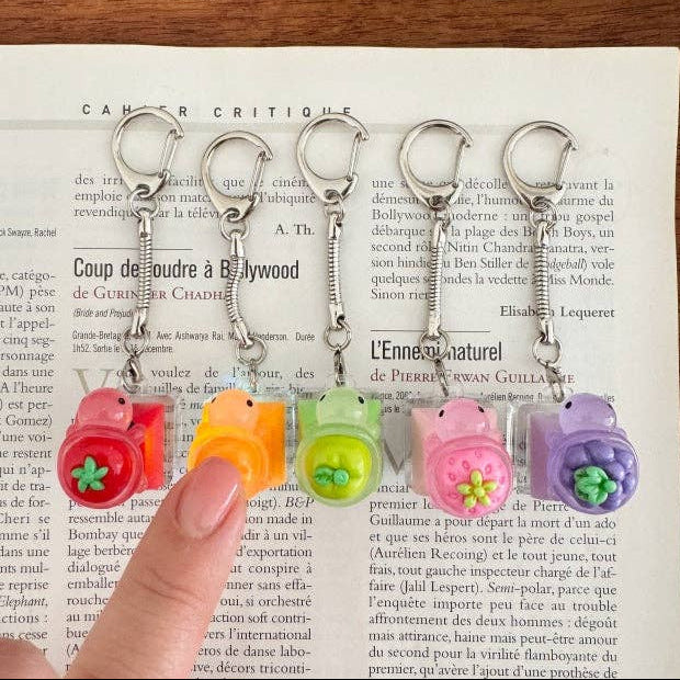 Colorful keychains on a book with a hand pointing at them