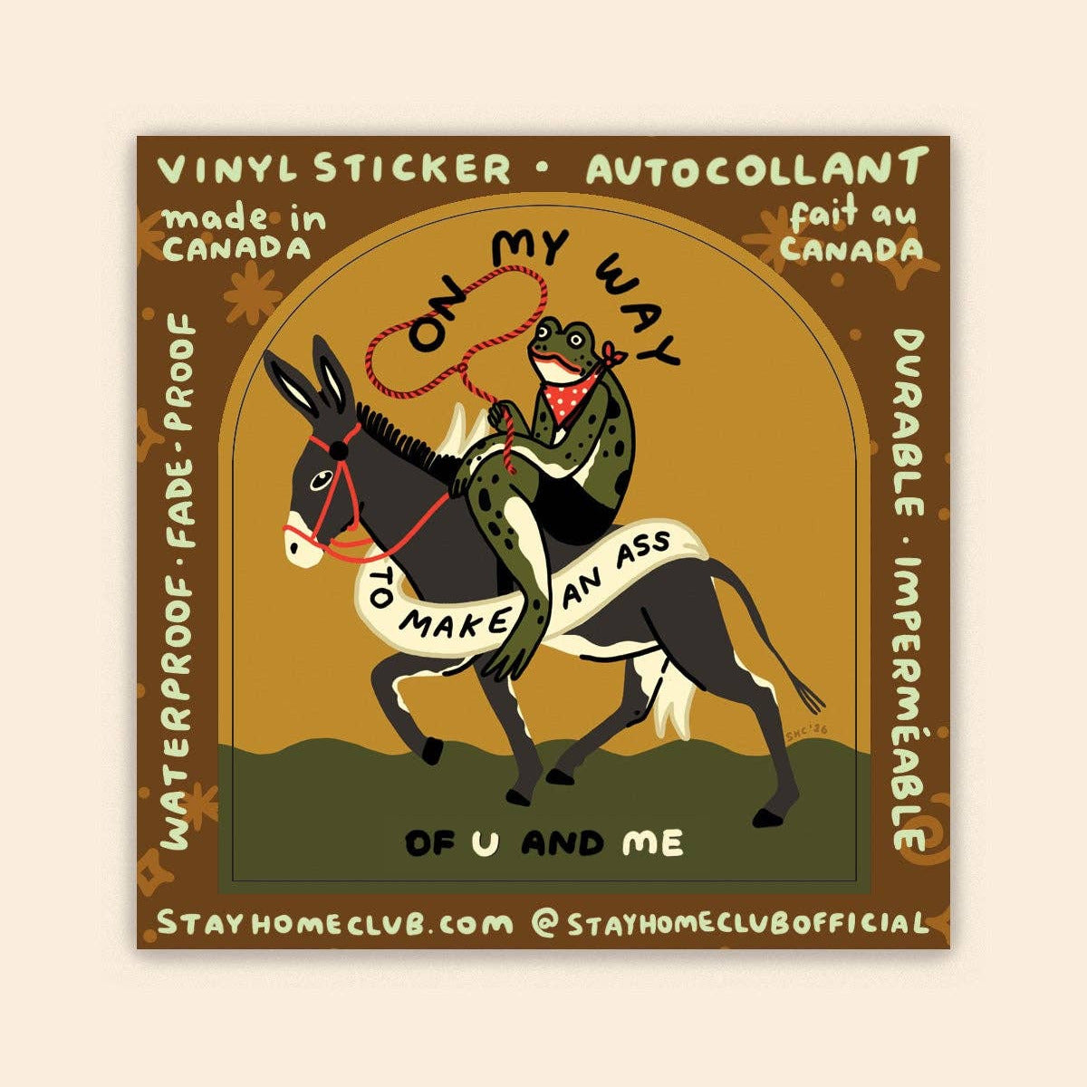 Vinyl sticker with donkey and frog design on a beige background