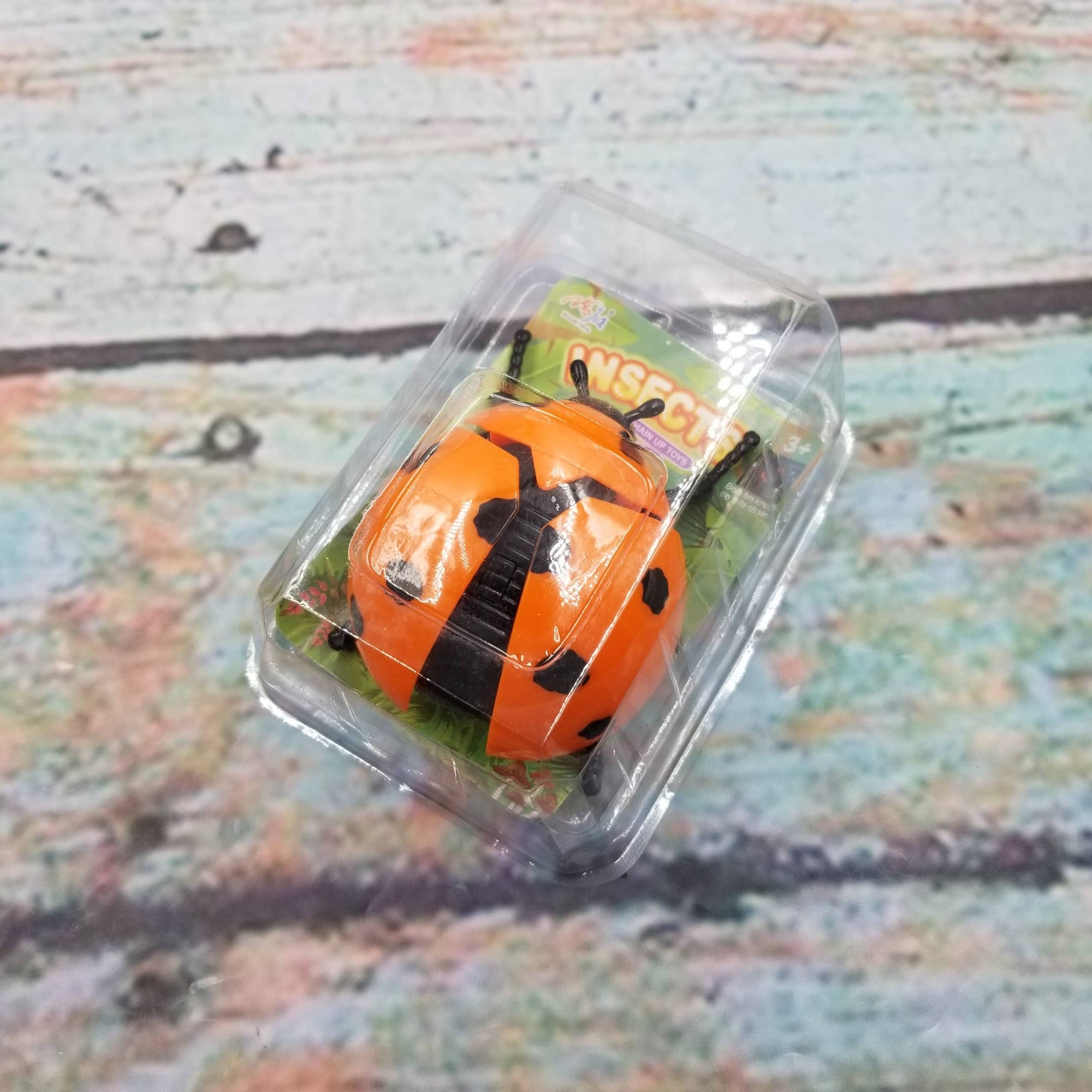 Orange toy beetle in clear packaging on a textured surface