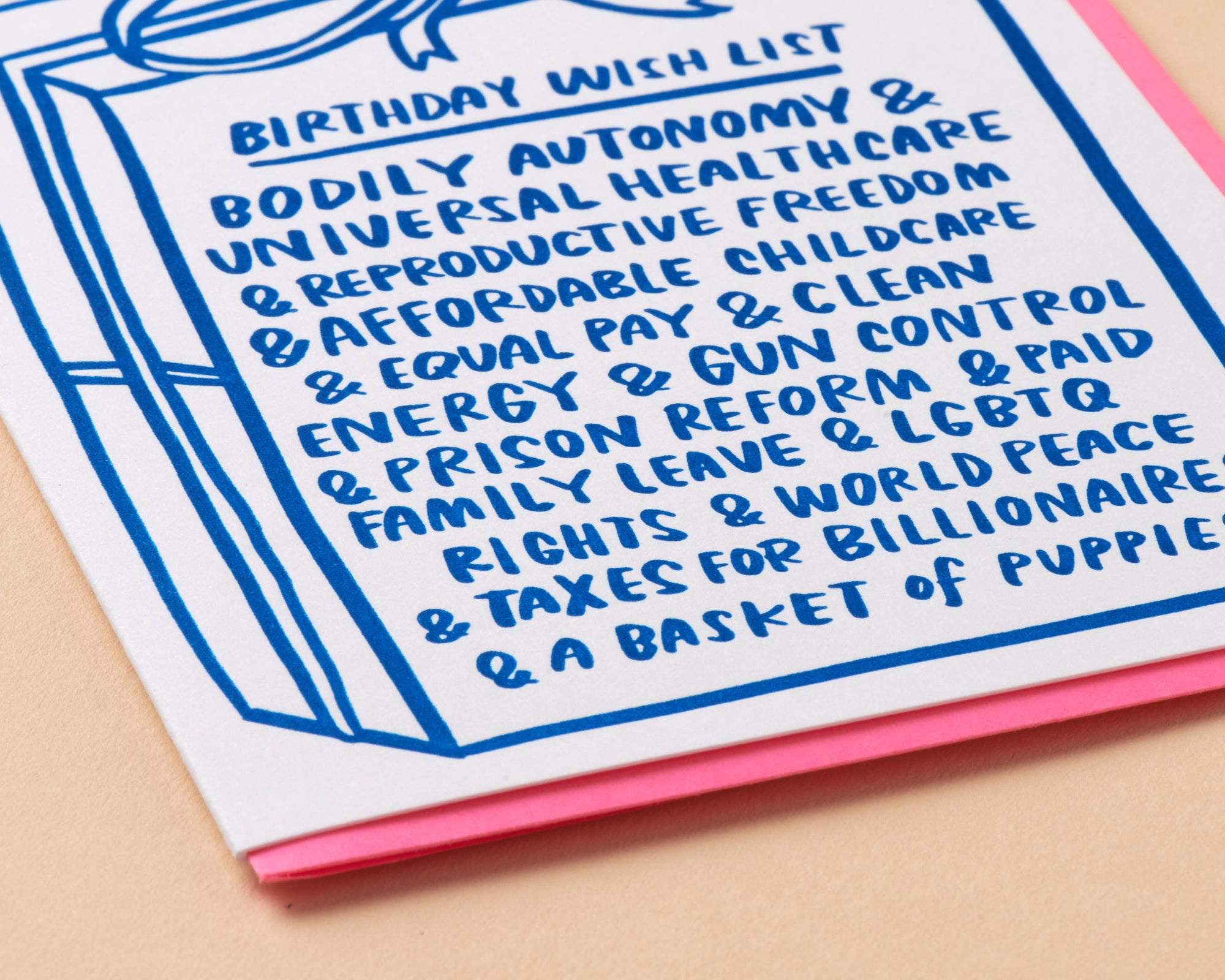 Birthday wish list with various items on a card
