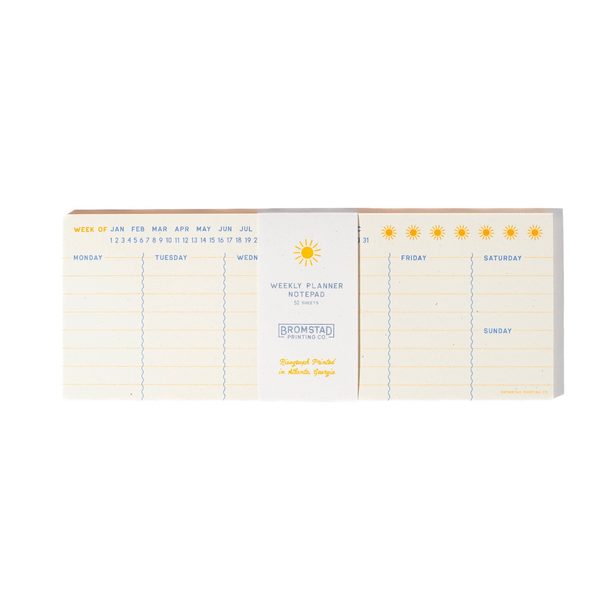 Weekly planner notepad with sun illustration on a white background