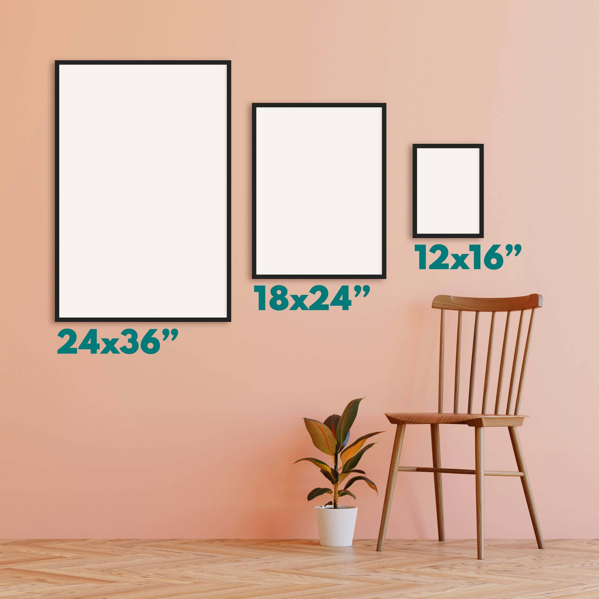 Three wall art frames of different sizes on a peach-colored wall with a wooden chair and plant below.