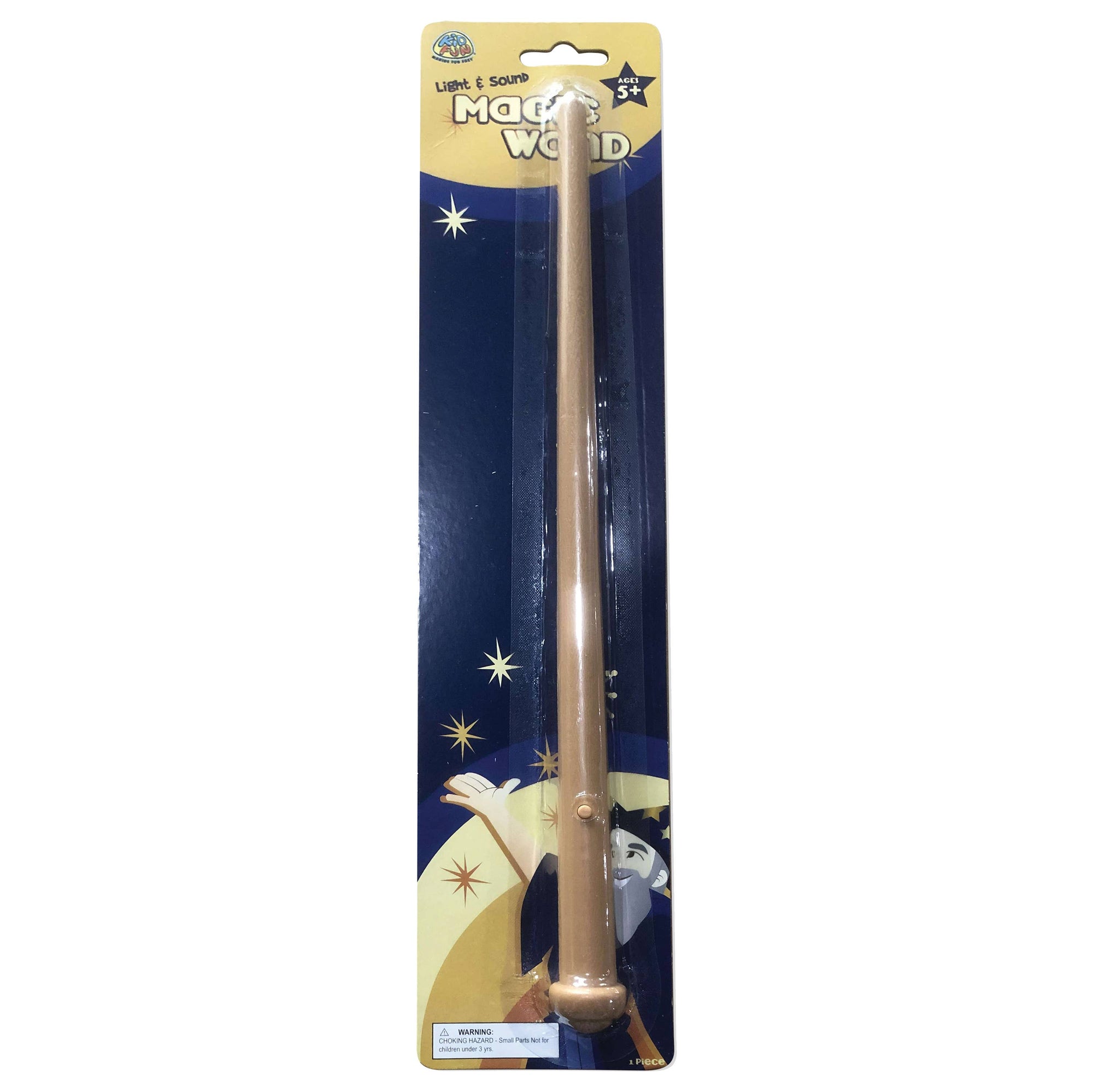 Gold magic wand with packaging featuring a wizard and stars on a white background