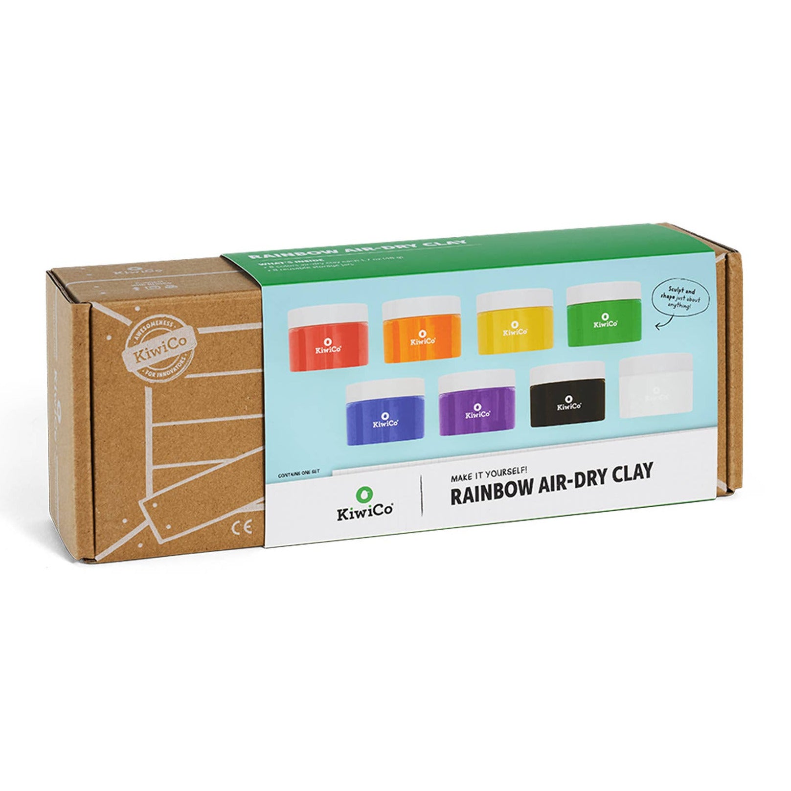 KiviCo Rainbow Air-Dry Clay packaging box, showing a brown kraft cardboard side, a green top section, and a white bottom section with colorful clay color swatches.