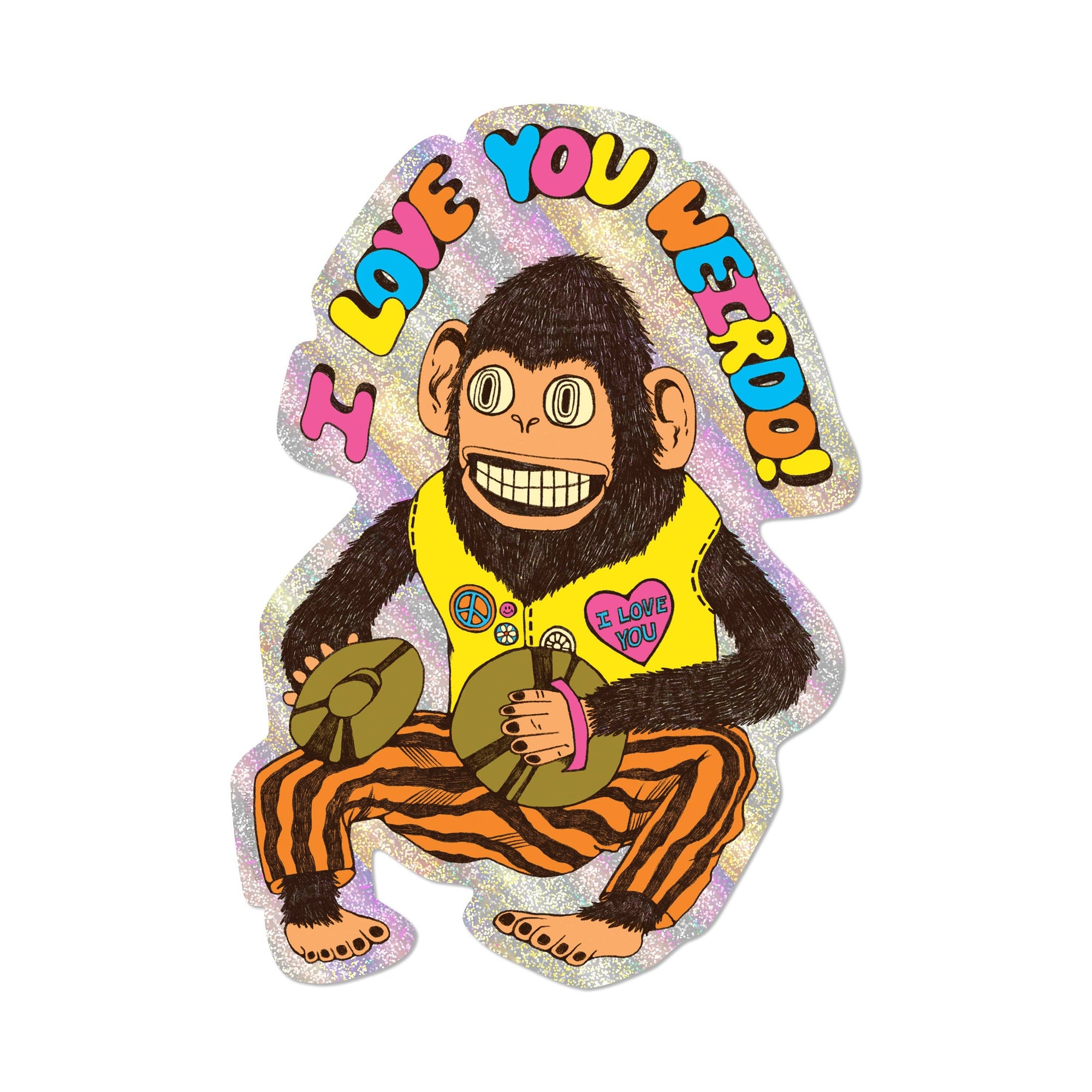 Colorful sticker with a monkey holding bananas and text 'I LOVE YOU WEIRD!' on a white background