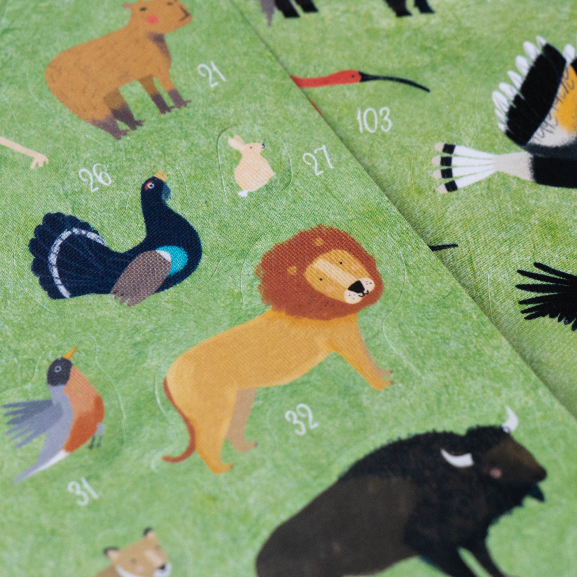 Children's book with animal illustrations on a green background