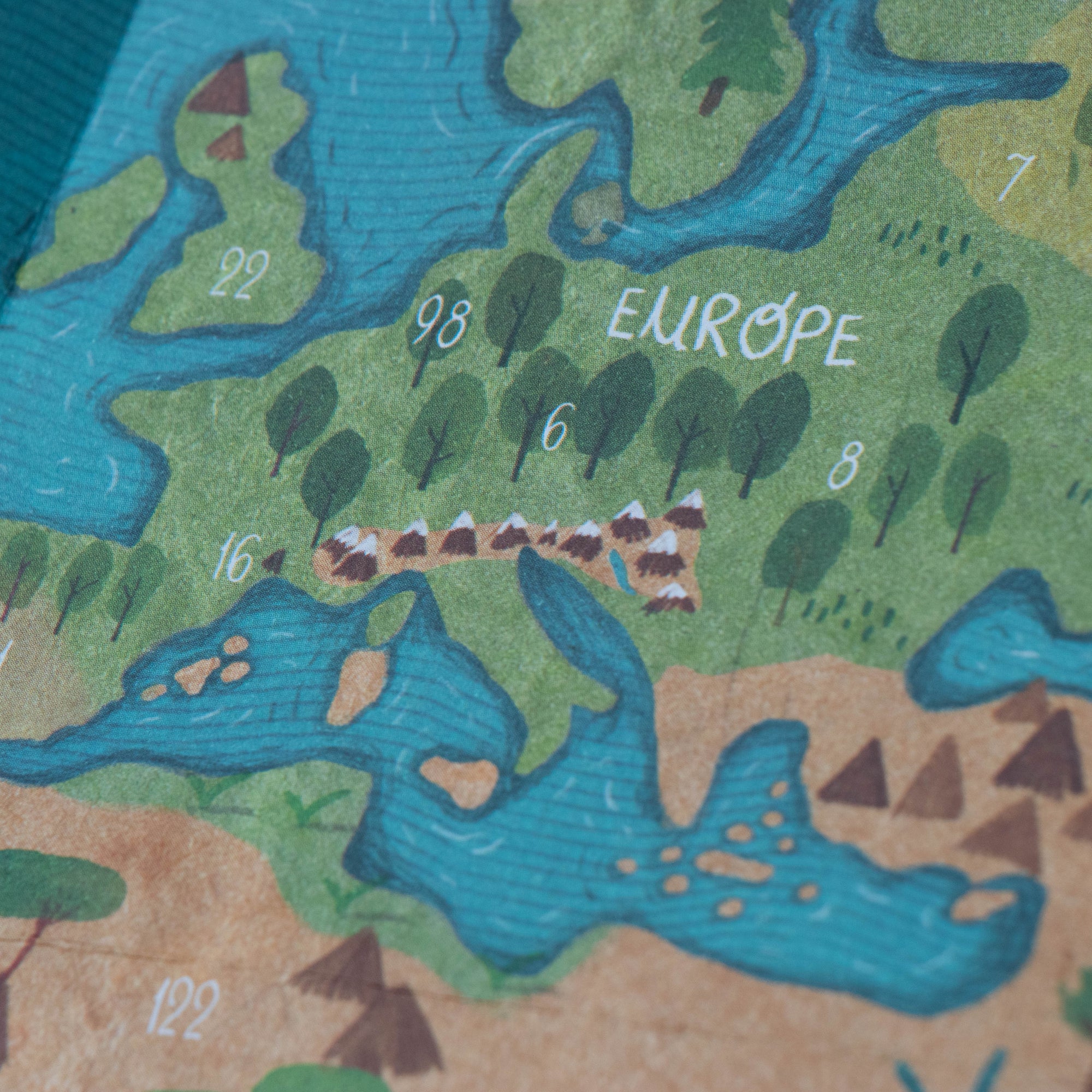 Map of Europe with numbered labels on a textured surface