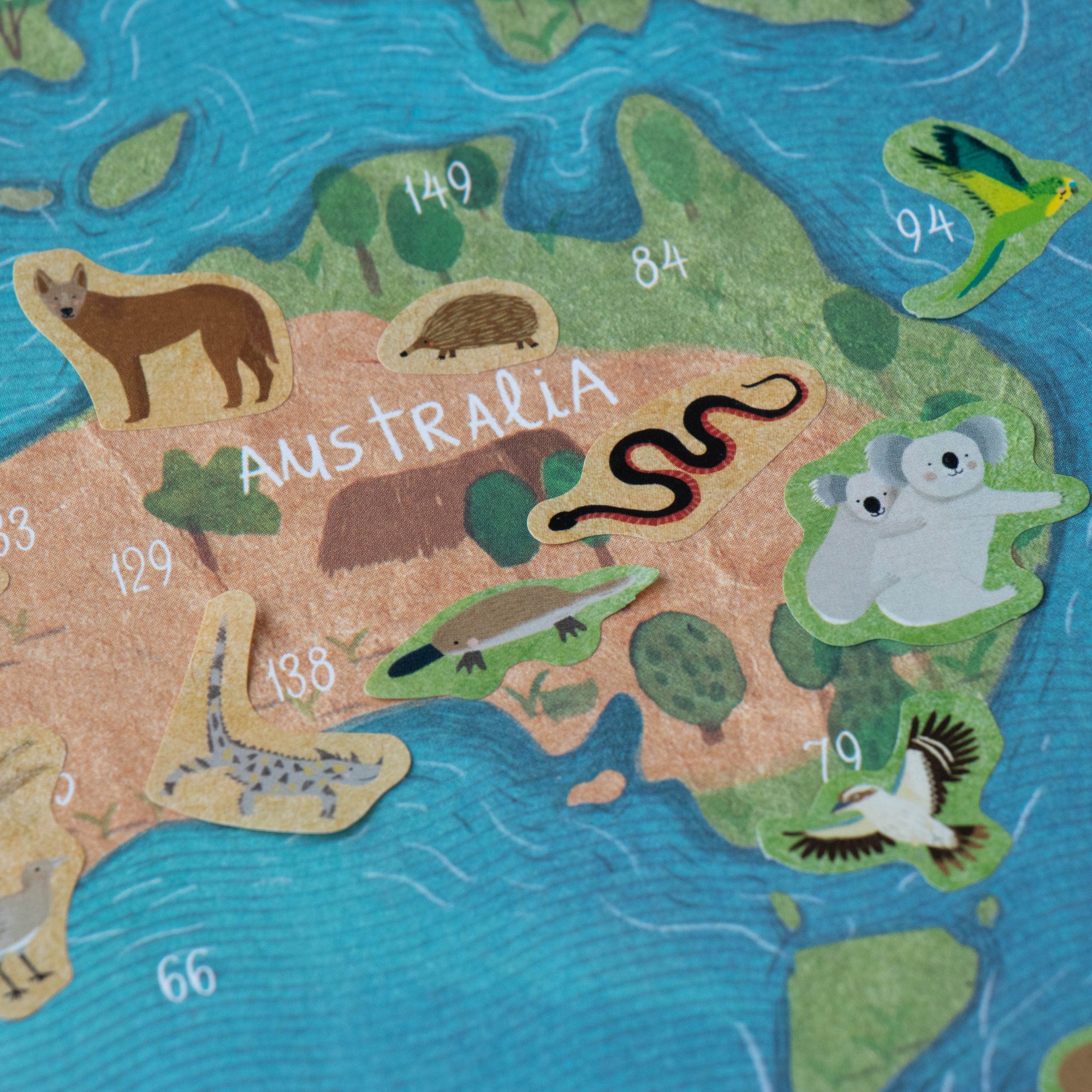 Map of Australia with animal illustrations on a blue background