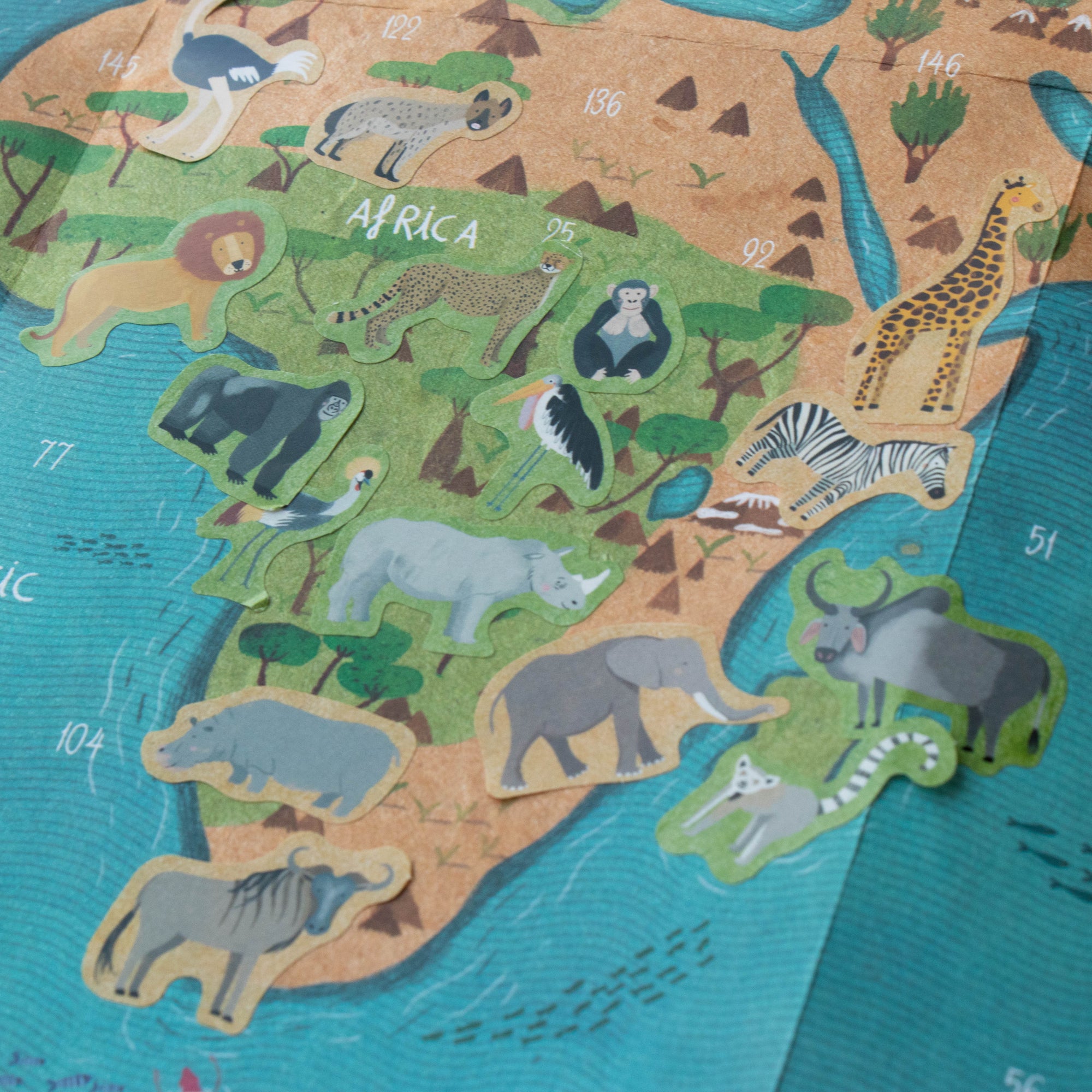 Children's map of Africa with animals and ocean features