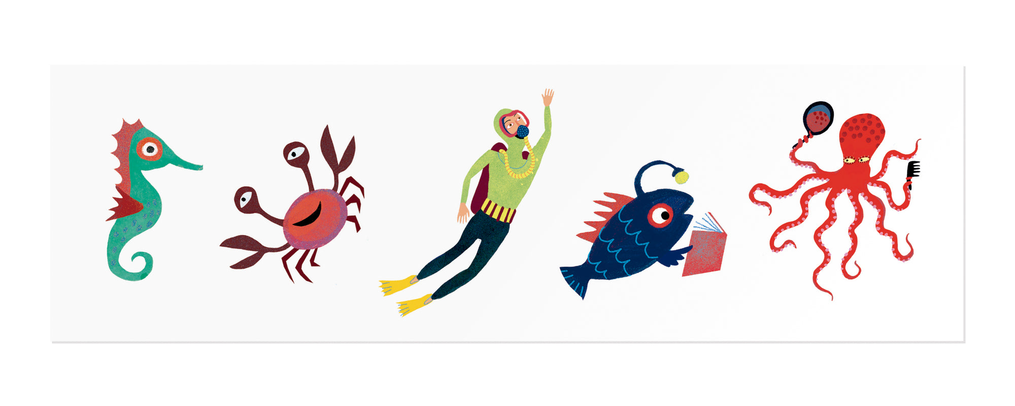 tattoo's of a seahorse, crab, diver, fish, and octopus on a white background