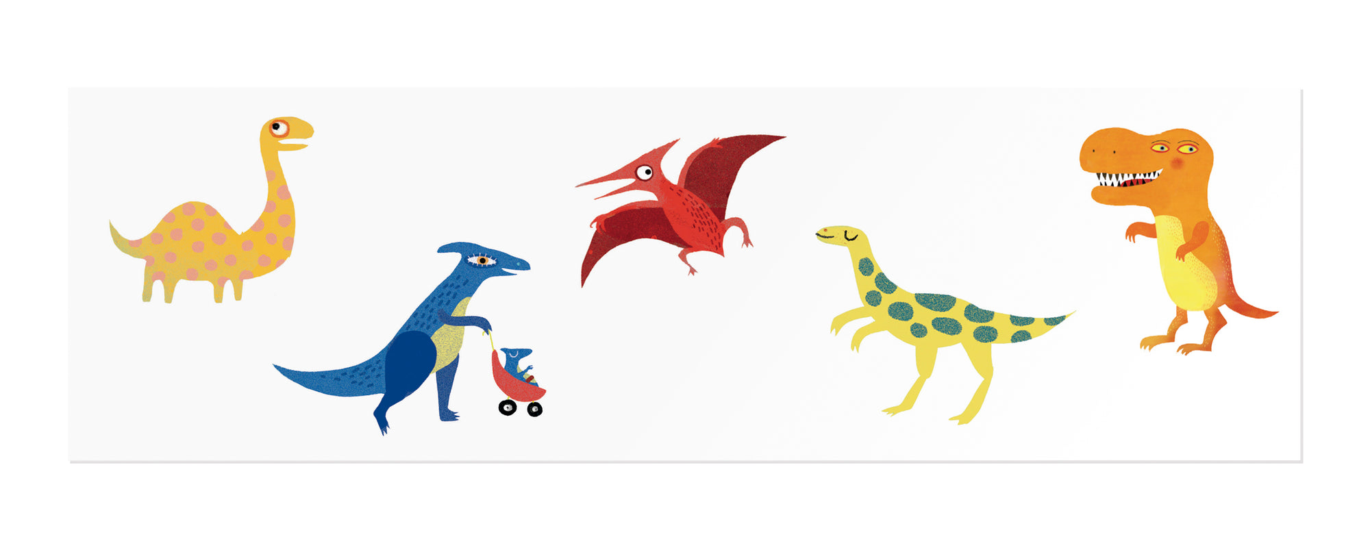 Five colorful dinosaur illustrations on a white background