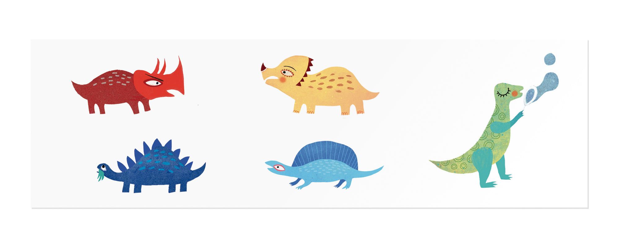 Five colorful cartoon dinosaurs on a white background