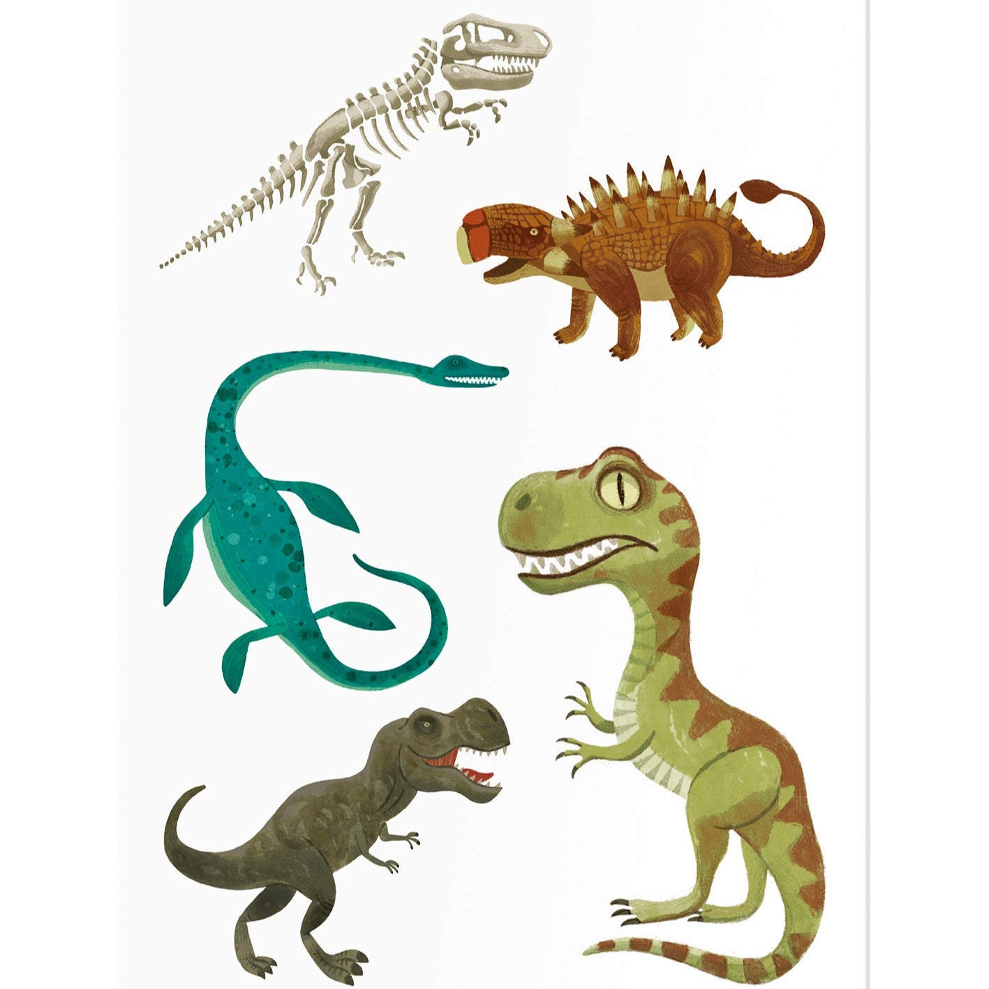 Set of dinosaur illustrations including a skeleton, plesiosaur, stegosaurus, and T-Rex on a white background.