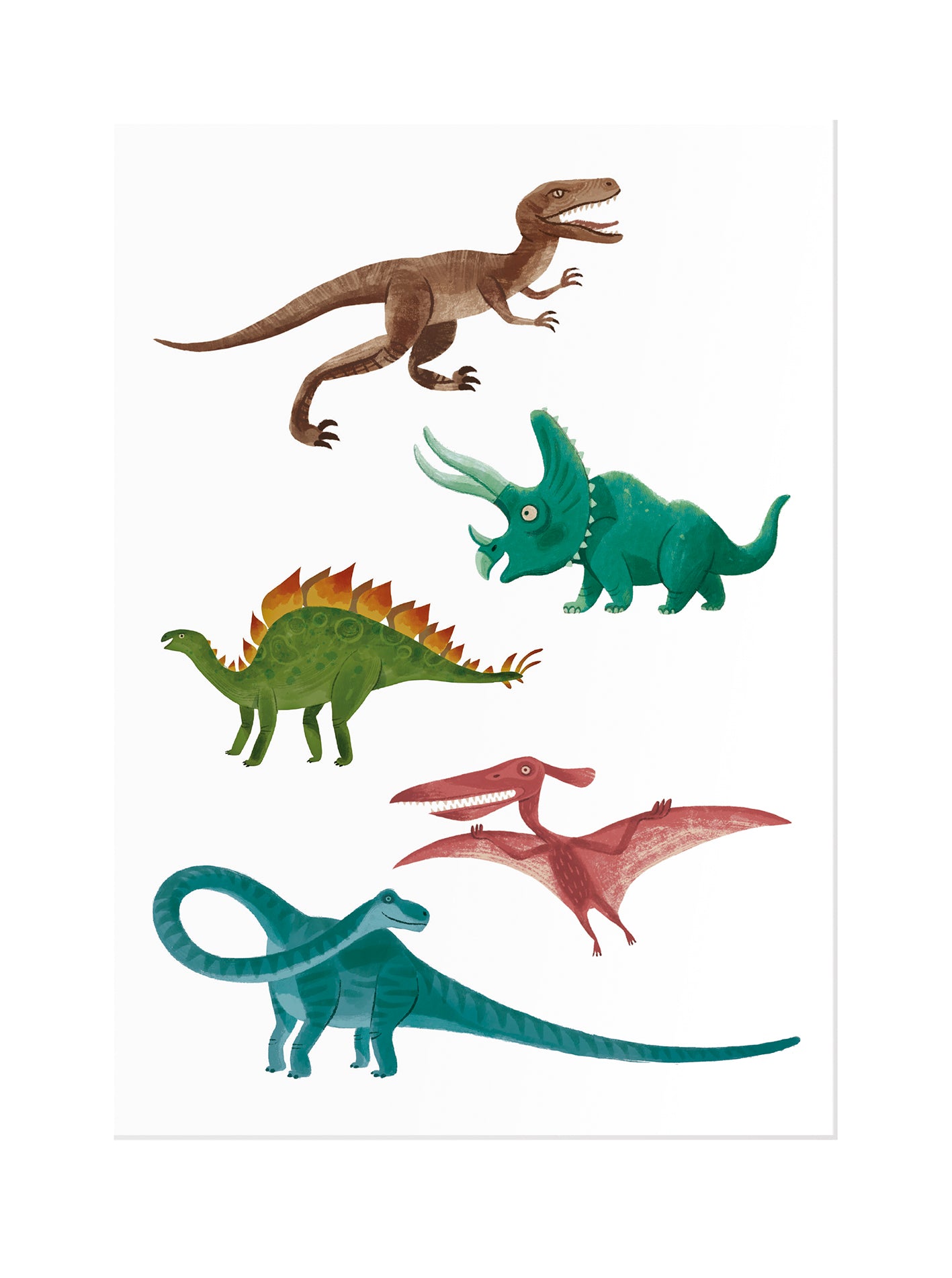 Illustrations of various dinosaurs on a white background