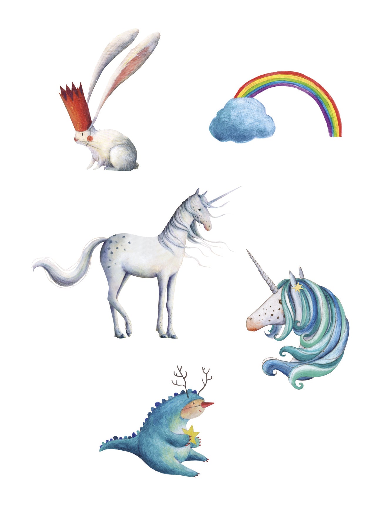 Illustrations of a rabbit, unicorn, rainbow, and other fantasy creatures on a white background