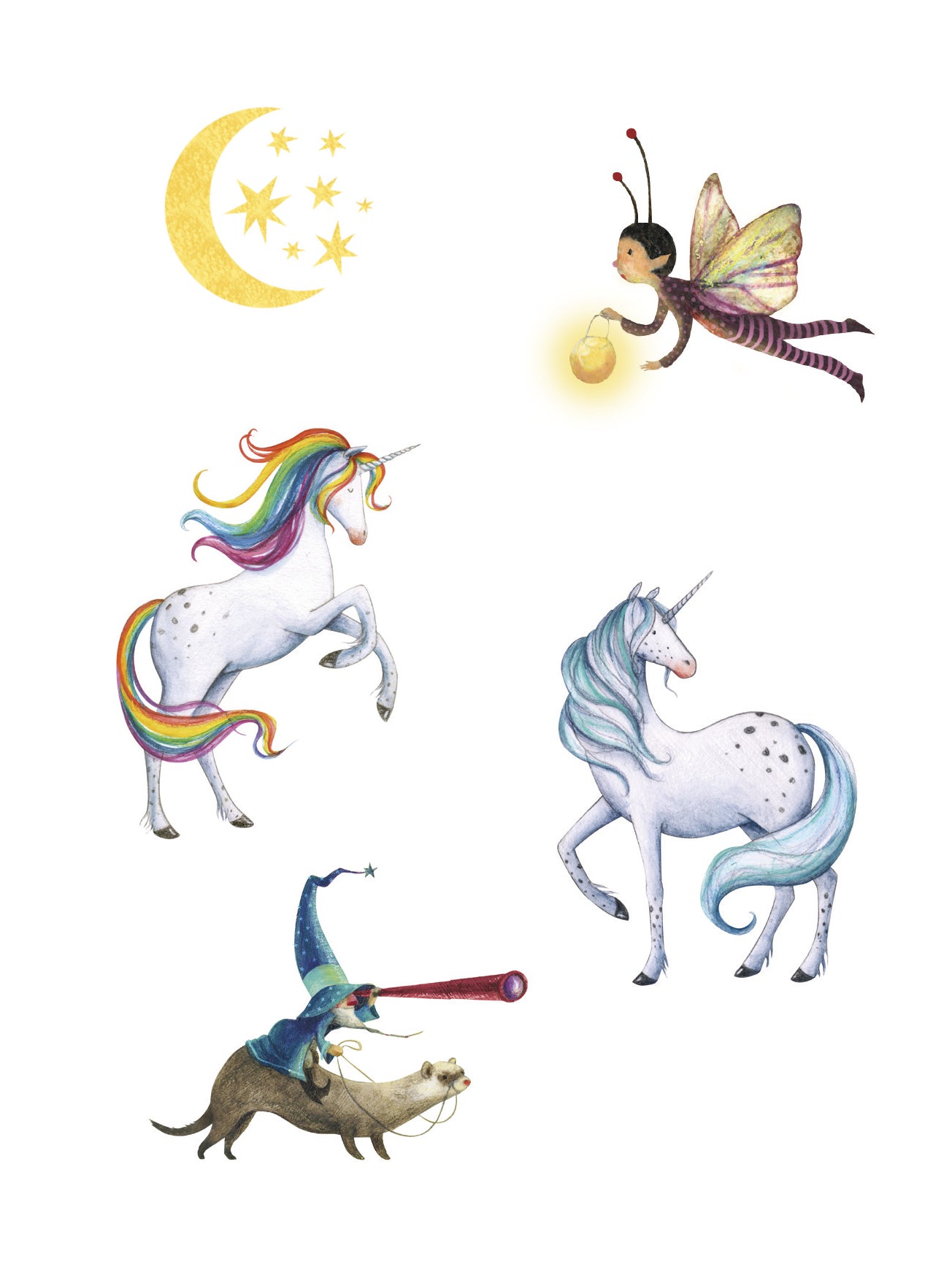 tattoo Illustrations of unicorns, a fairy, and a mouse with a crescent moon and stars on a white background.