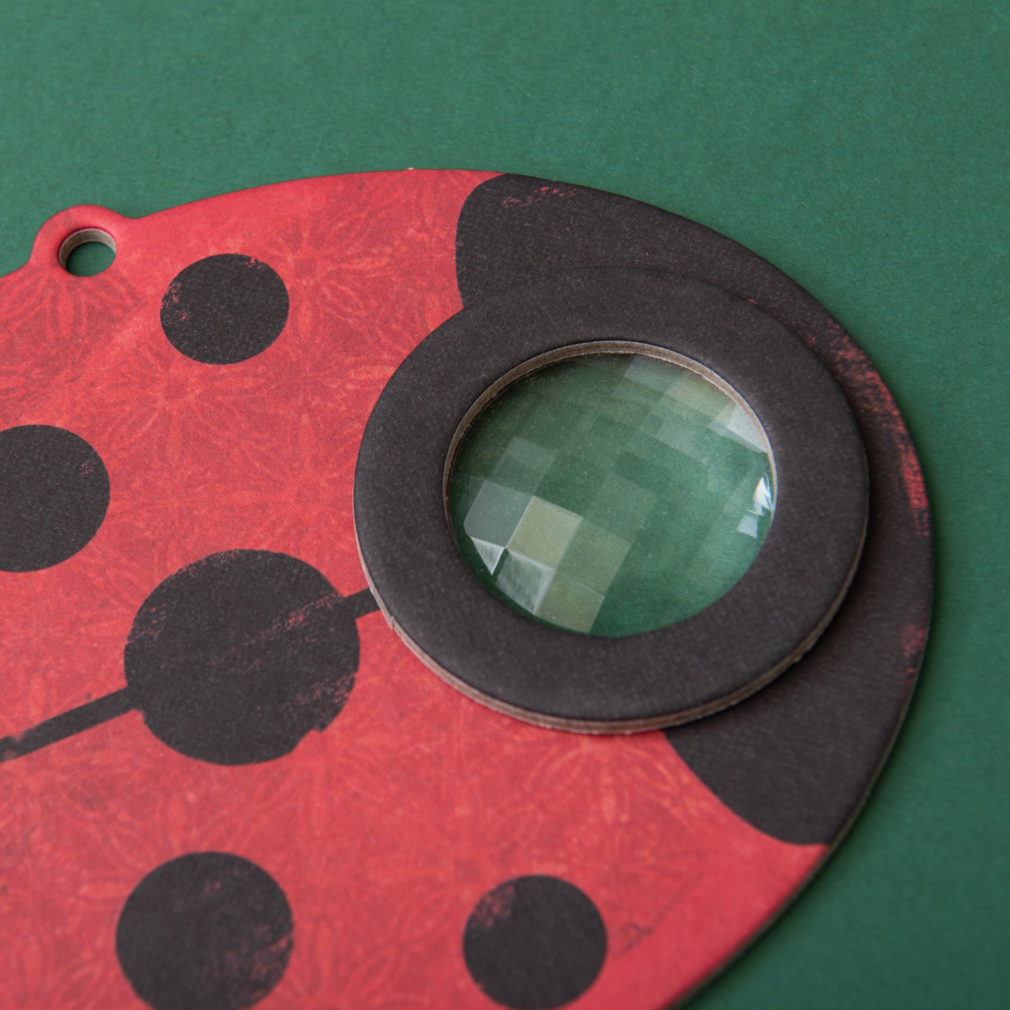 Close-up of a red ladybug-shaped Kaleidoscope with a gemstone on a green background