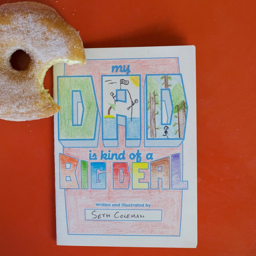 Book titled 'My Dad is Kind of a Big Deal' with a donut on an orange background