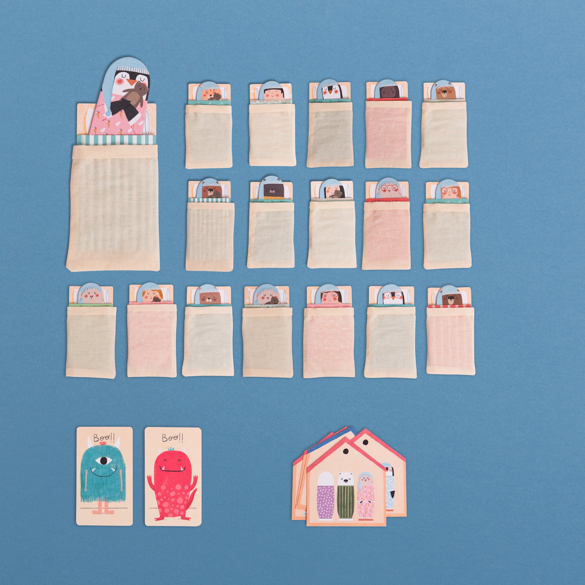 Set of small cards with cartoon characters on a blue background