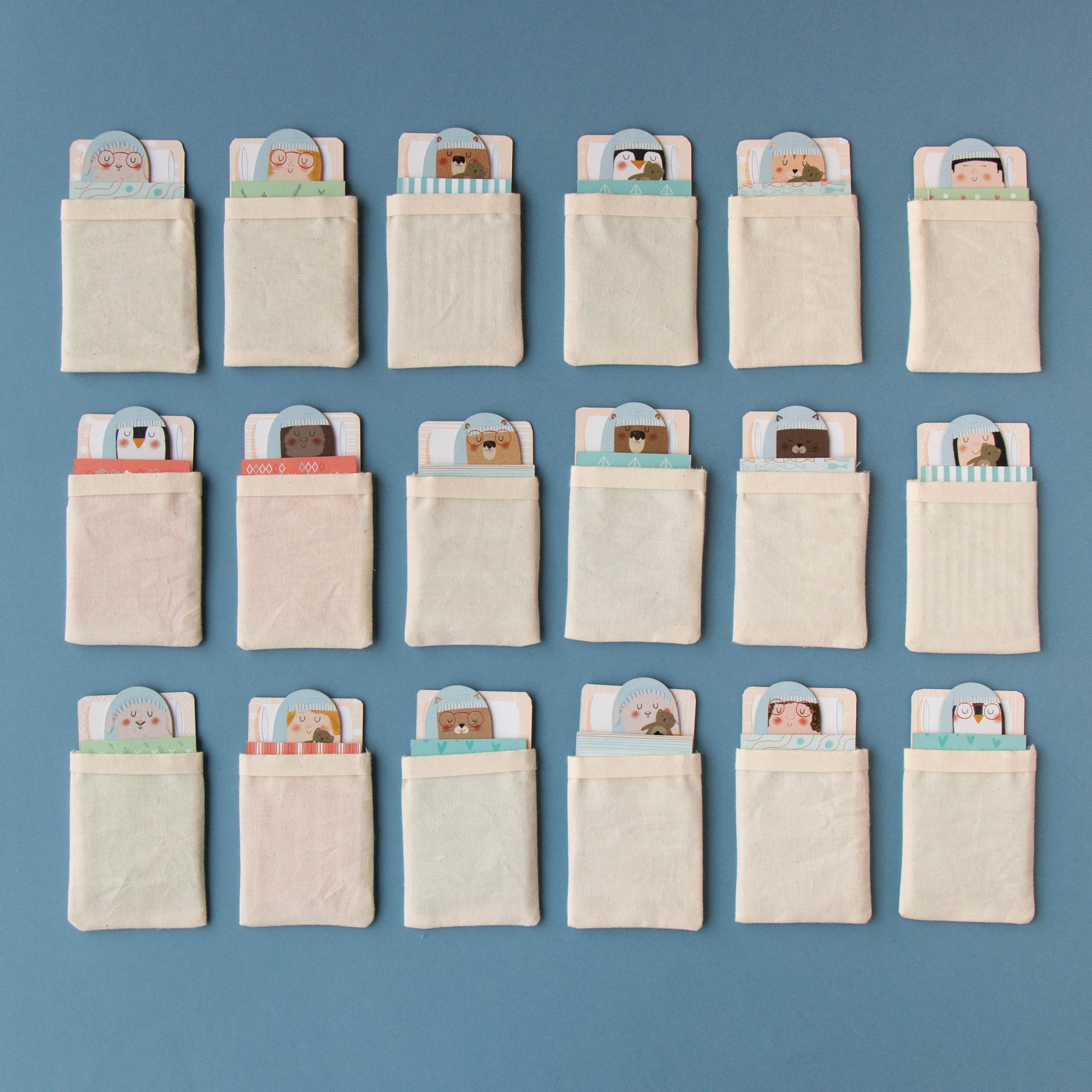 Grid of small bags with images on a blue background