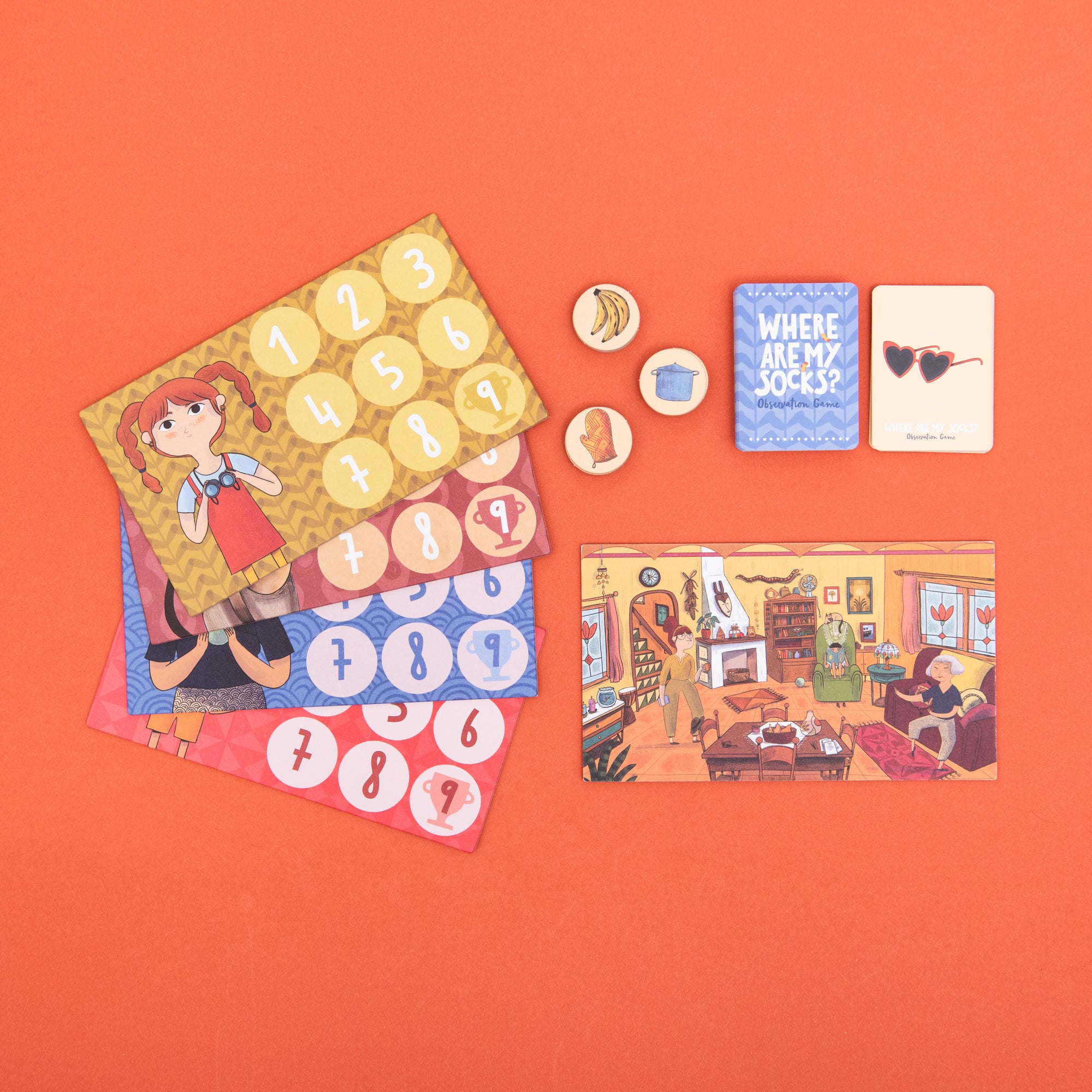 Collection of children's books and illustrations on an orange background
