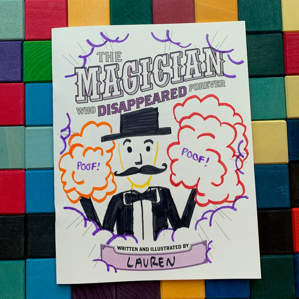 Children's book cover with a magician illustration on a colorful block background