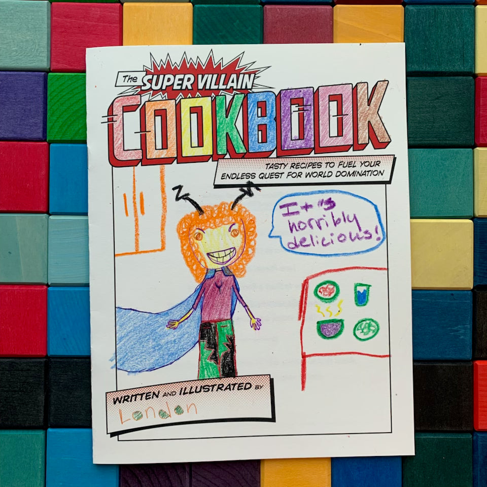Children's cookbook titled 'The Super Villain Cookbook' on a colorful block background