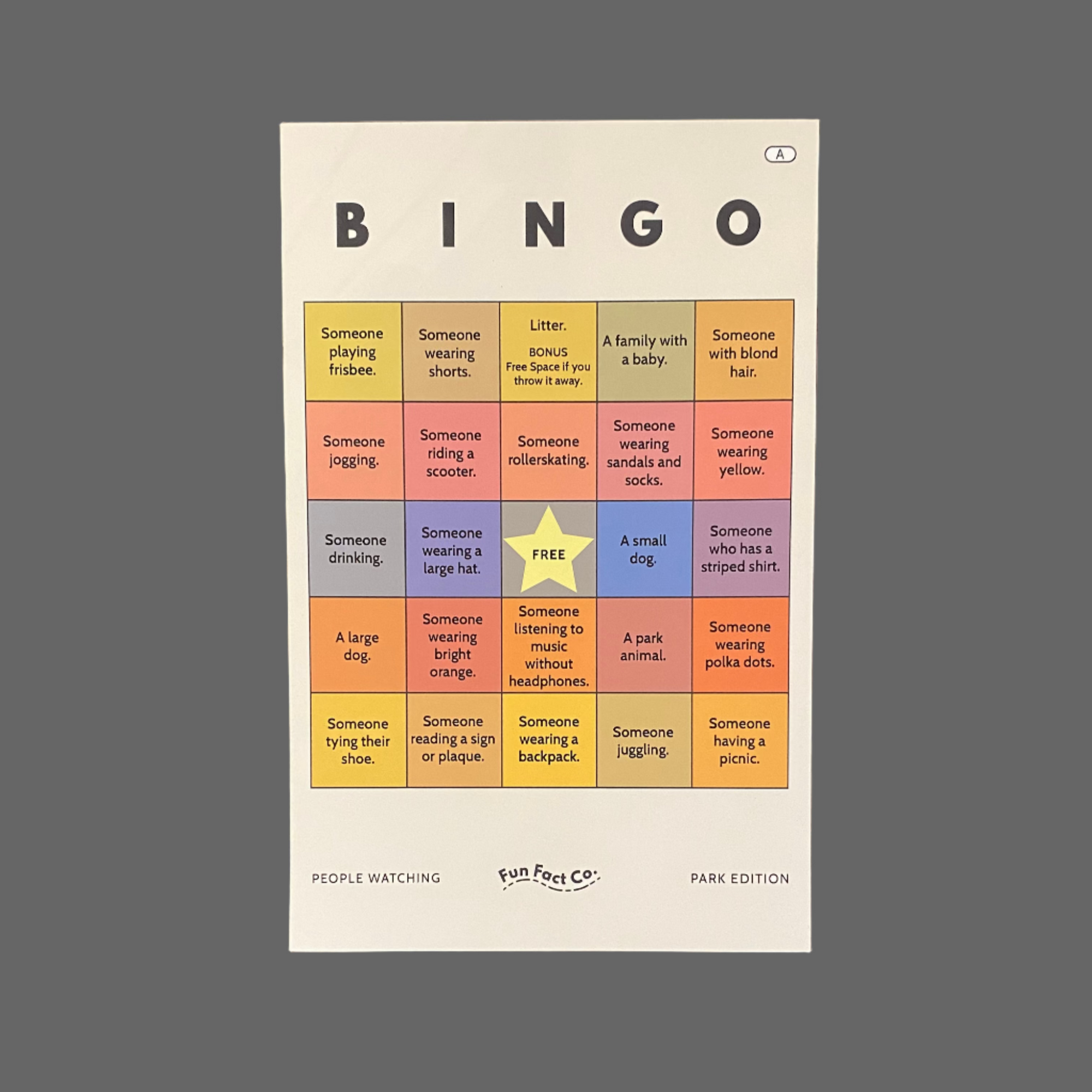 Colorful bingo card on a wooden surface