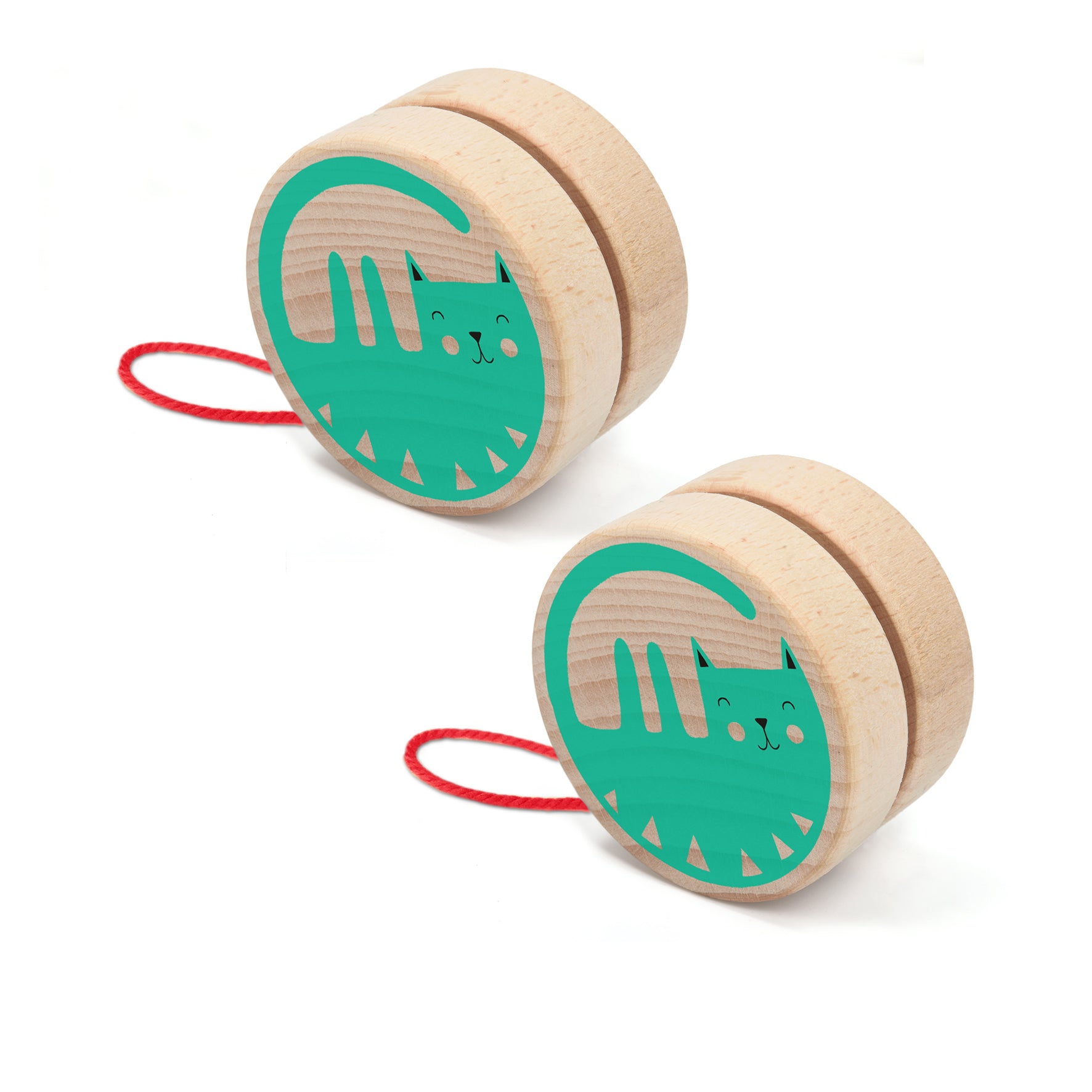 Two wooden toys with green cat illustrations on a white background