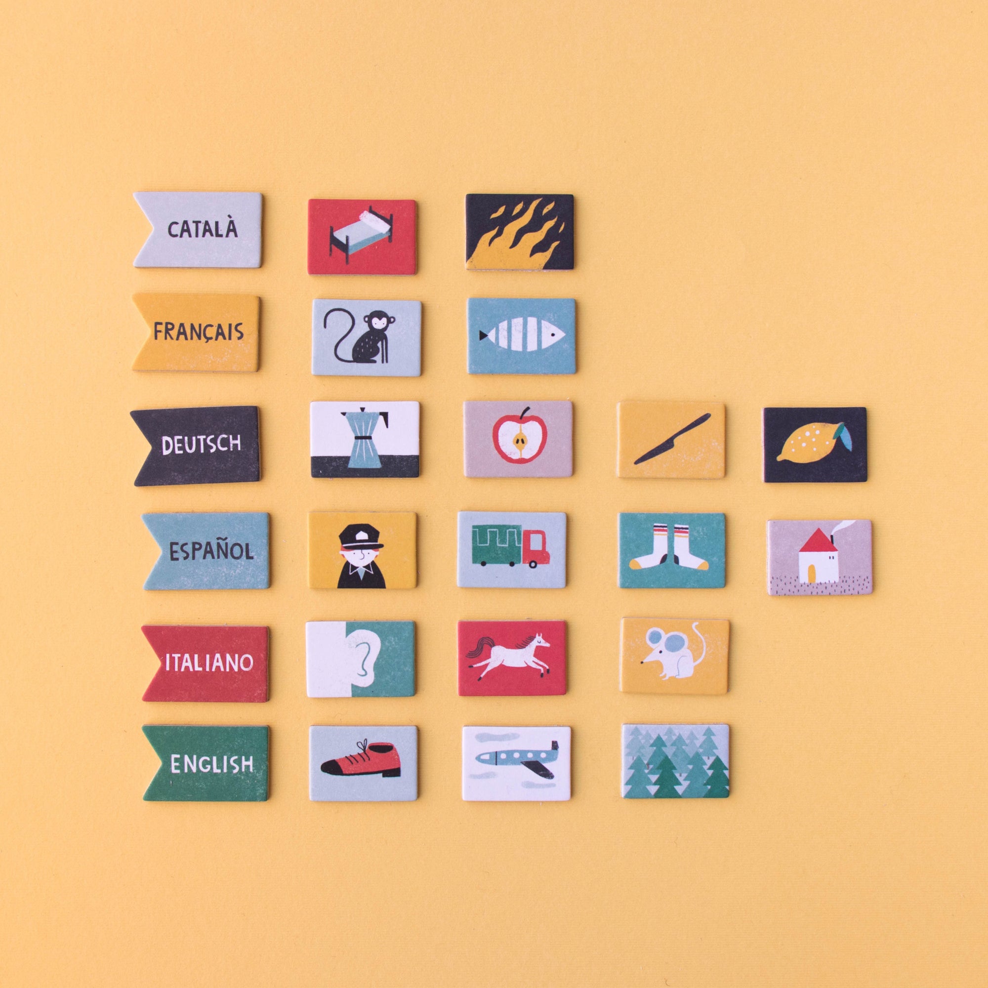 Set of colorful rectangular icons with different symbols and text on a yellow background