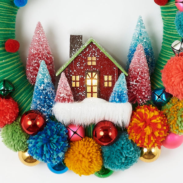 Colorful Pom Pom Wreath with Light up House
