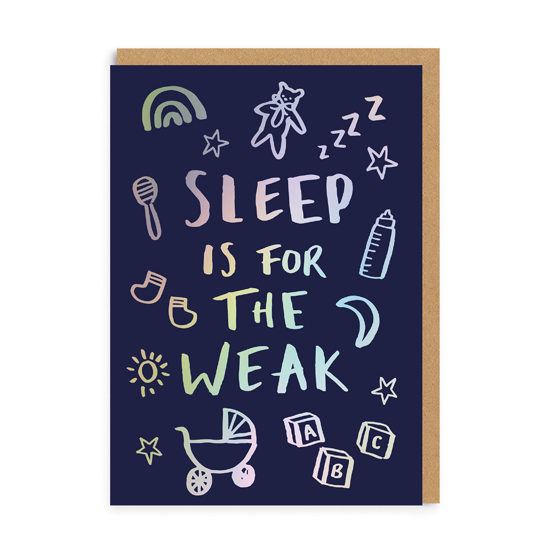 Card with 'Sleep is for the Weak' text and various illustrations on a dark blue background.
