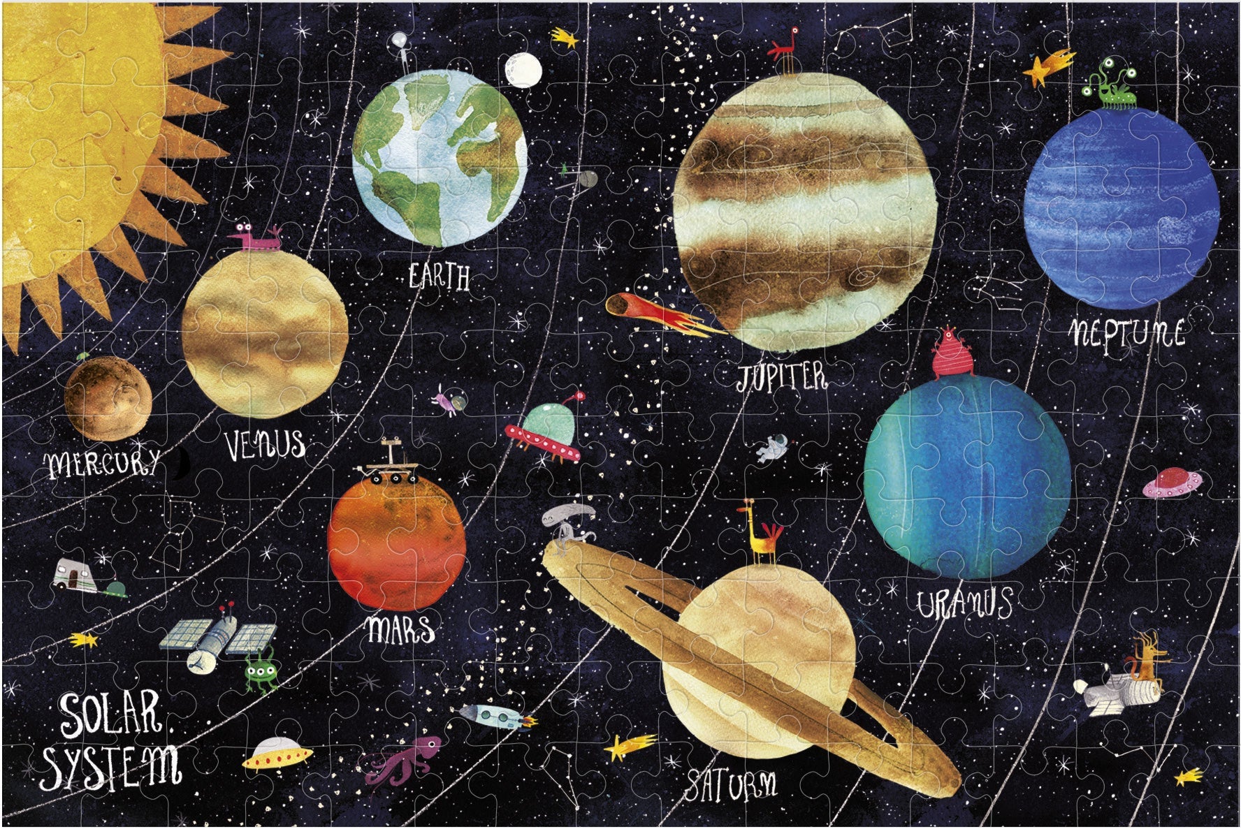 Illustration of the solar system with planets and stars on a dark background