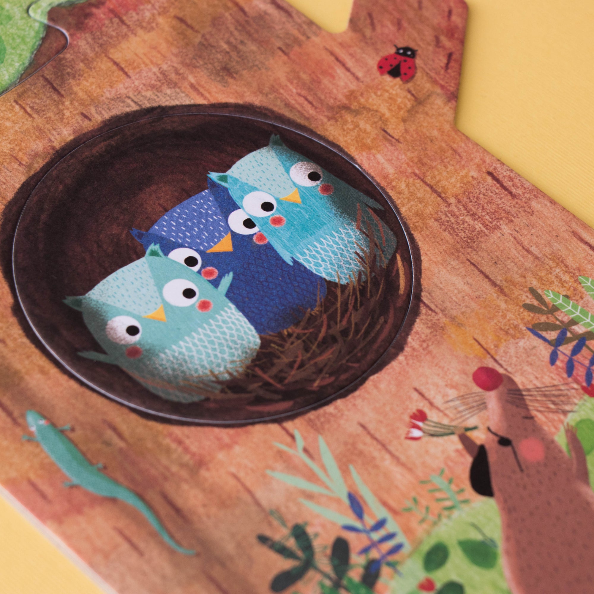 owl-themed puzzle in a tree 
with a colorful background.
