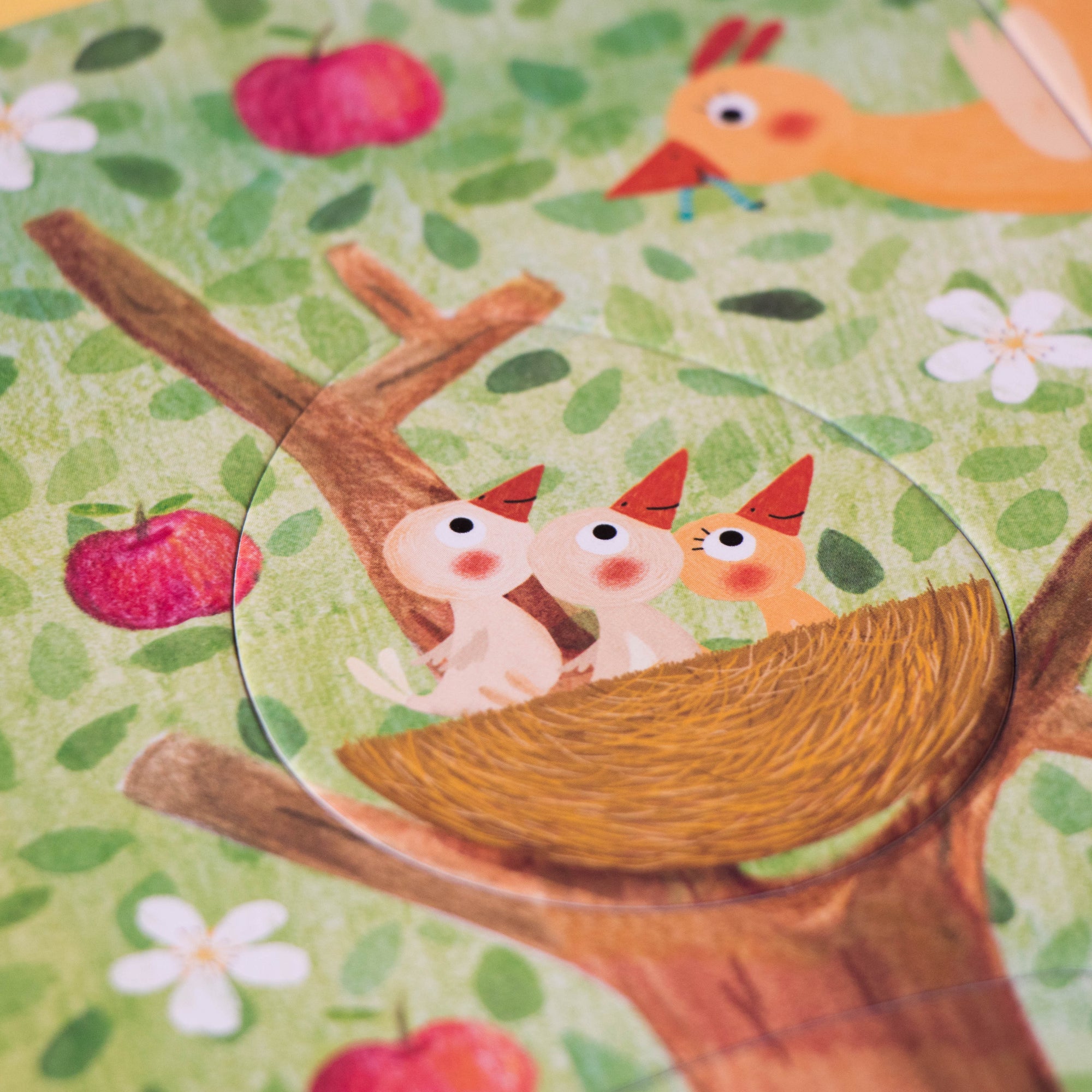 Children's puzzle illustration of three birds in a nest on a tree branch with a floral background.