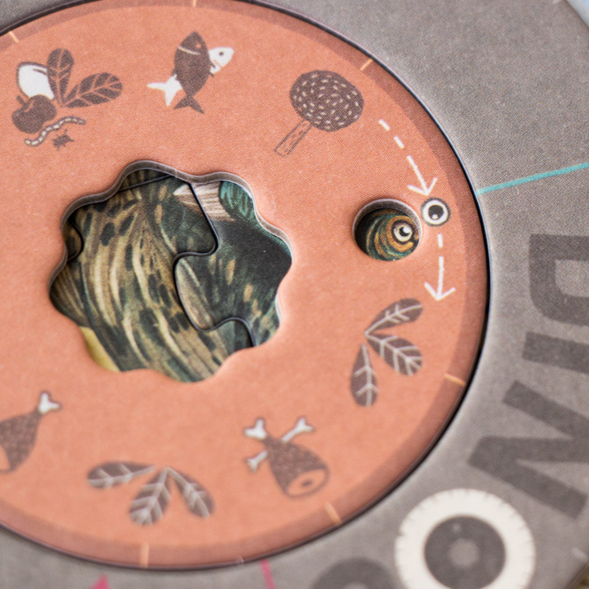 Close-up of a circular wooden puzzle piece with dinosaur illustrations and the brand 'Dinobrix' visible.