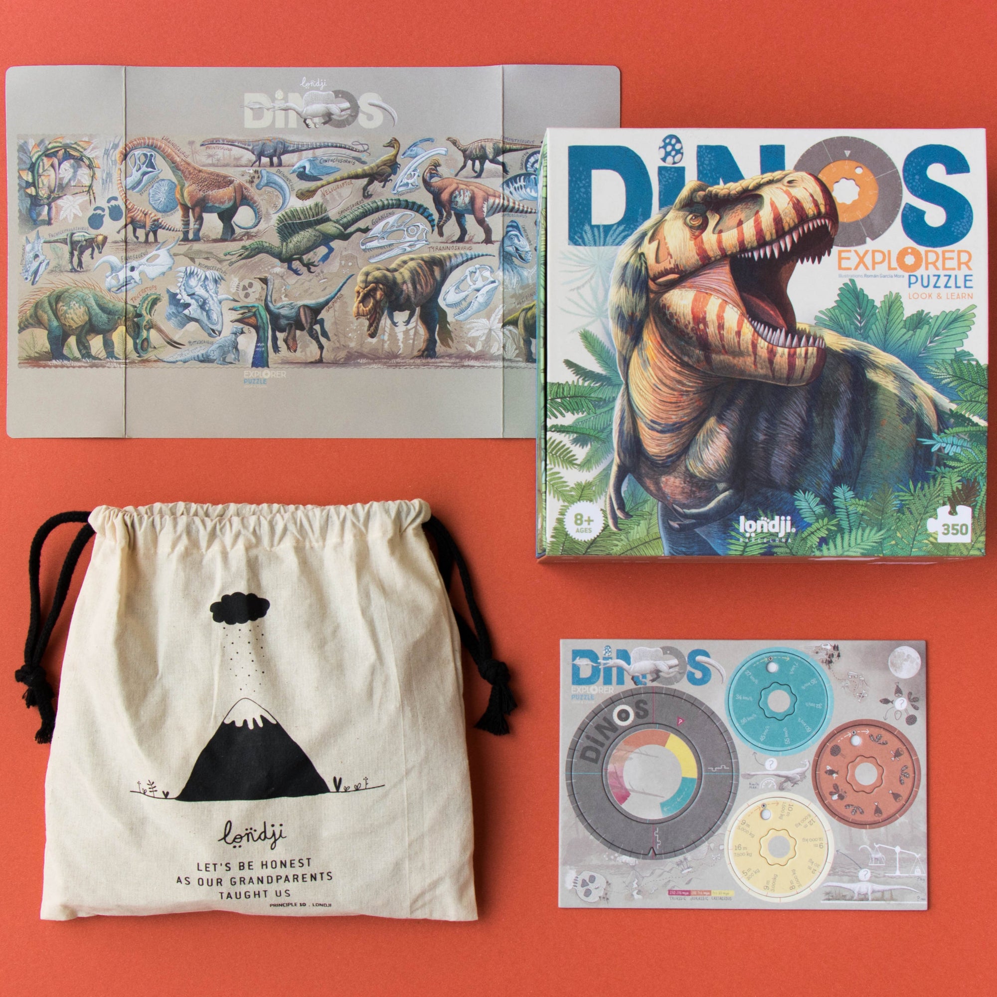 Dinosaur-themed products including a poster, book, and drawstring bag on an orange background