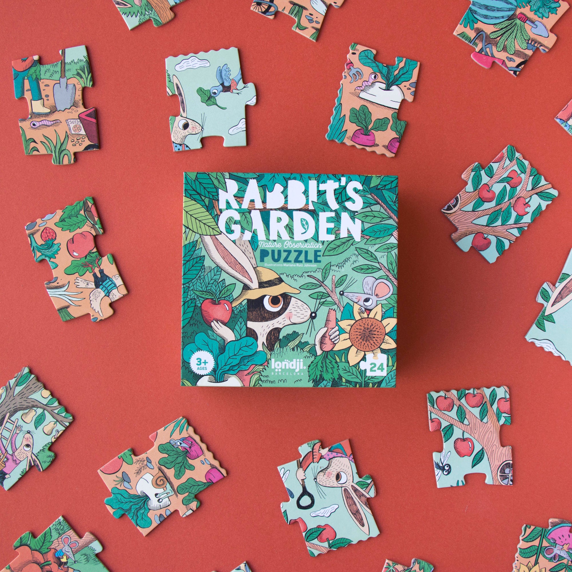 Puzzle pieces with 'Rabbit's Garden' theme on a red background